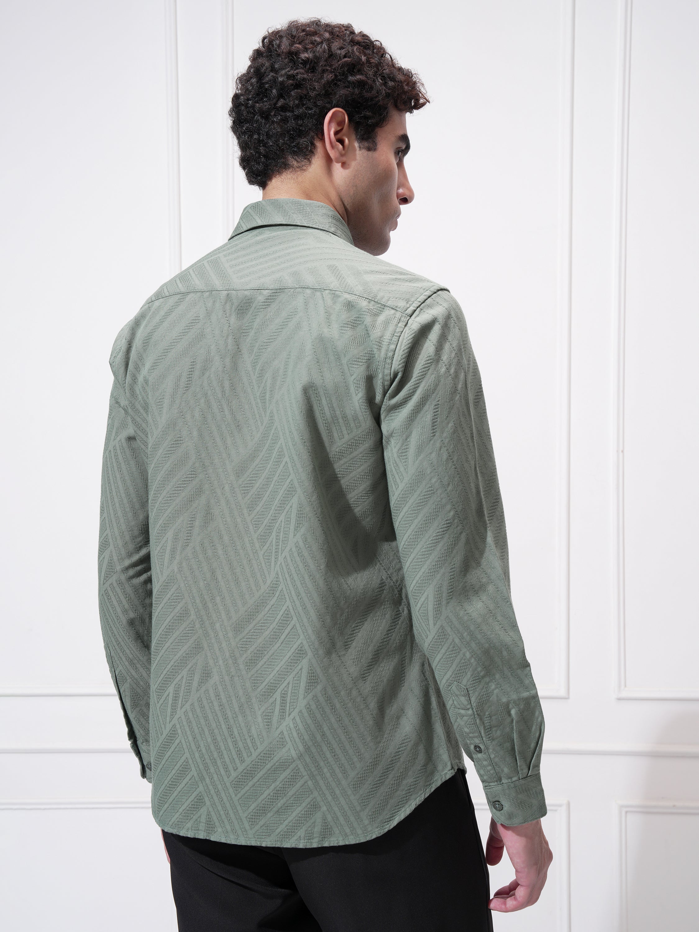 Highlander Men Green Self Design Slim Fit Casual Shirt - Green - Image 3