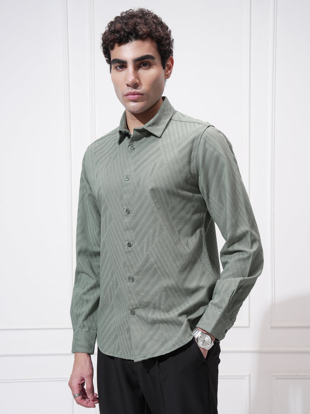 Highlander Men Green Self Design Slim Fit Casual Shirt - Green - Image 4