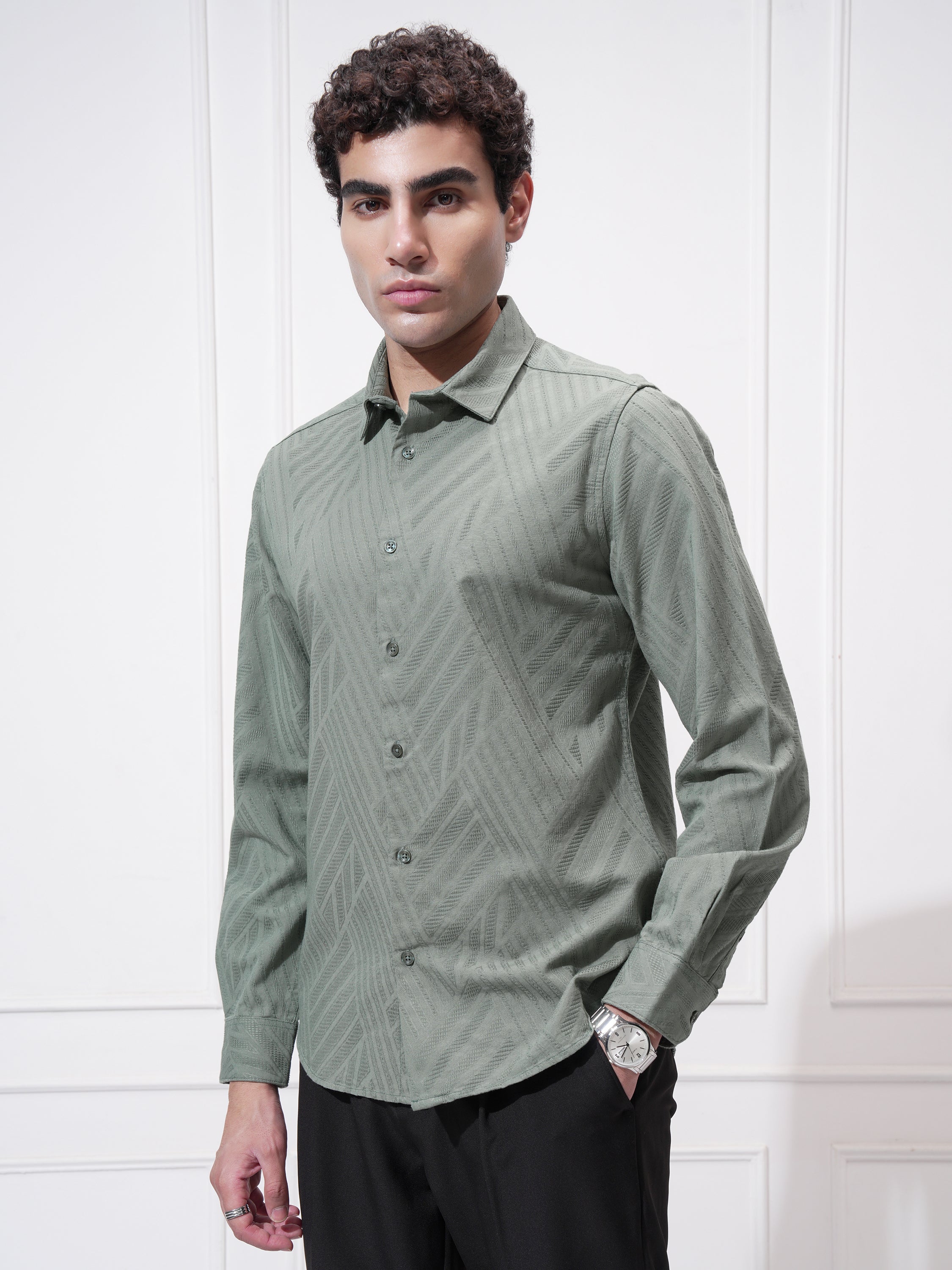 Highlander Men Green Self Design Slim Fit Casual Shirt - Green - Image 4