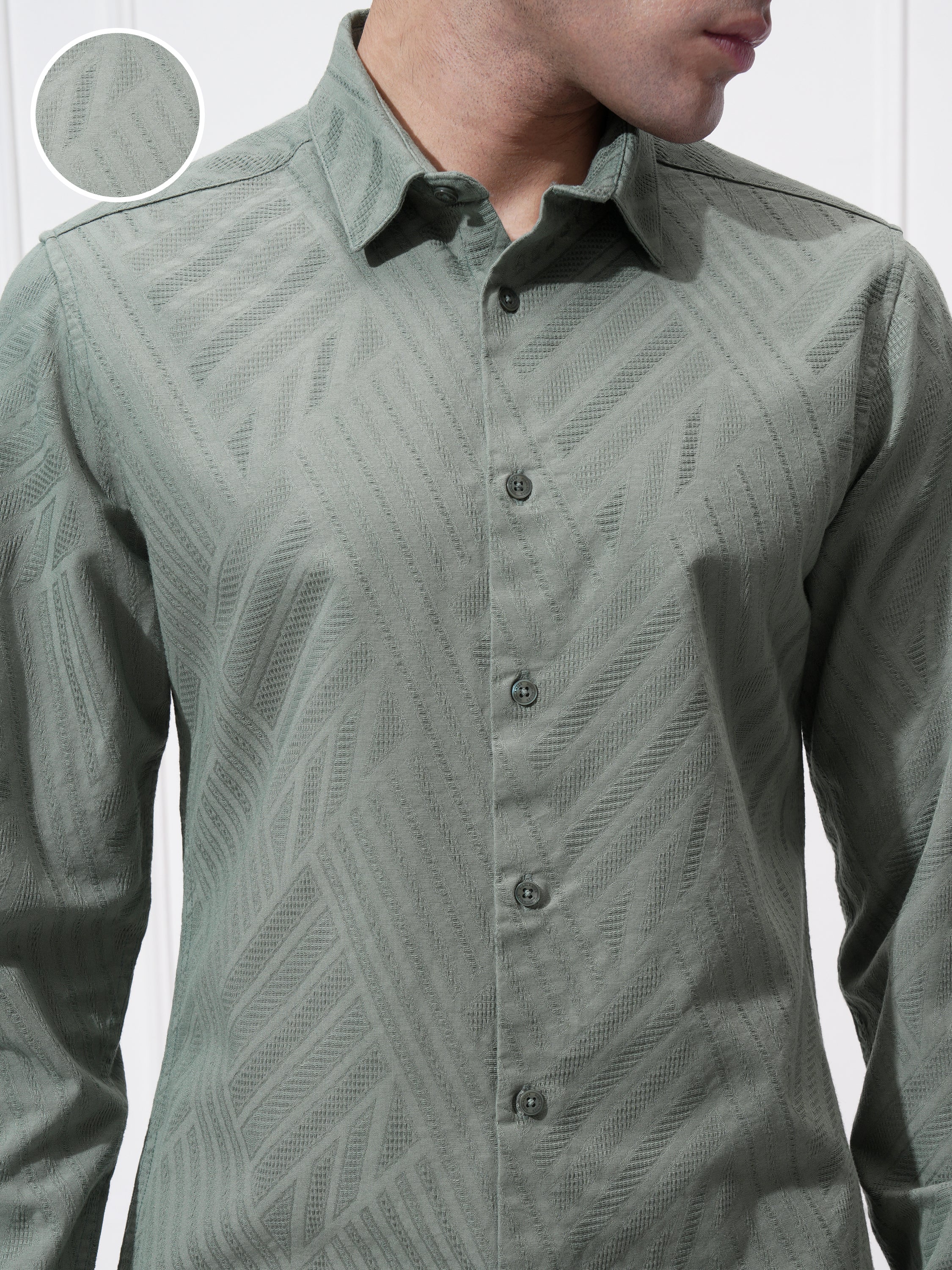 Highlander Men Green Self Design Slim Fit Casual Shirt - Green - Image 5