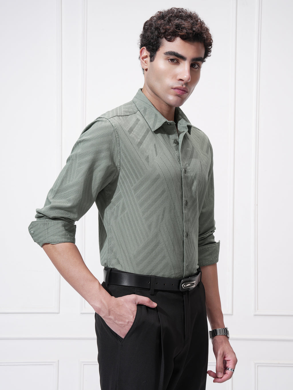 Highlander Men Green Self Design Slim Fit Casual Shirt - Green - Image 6