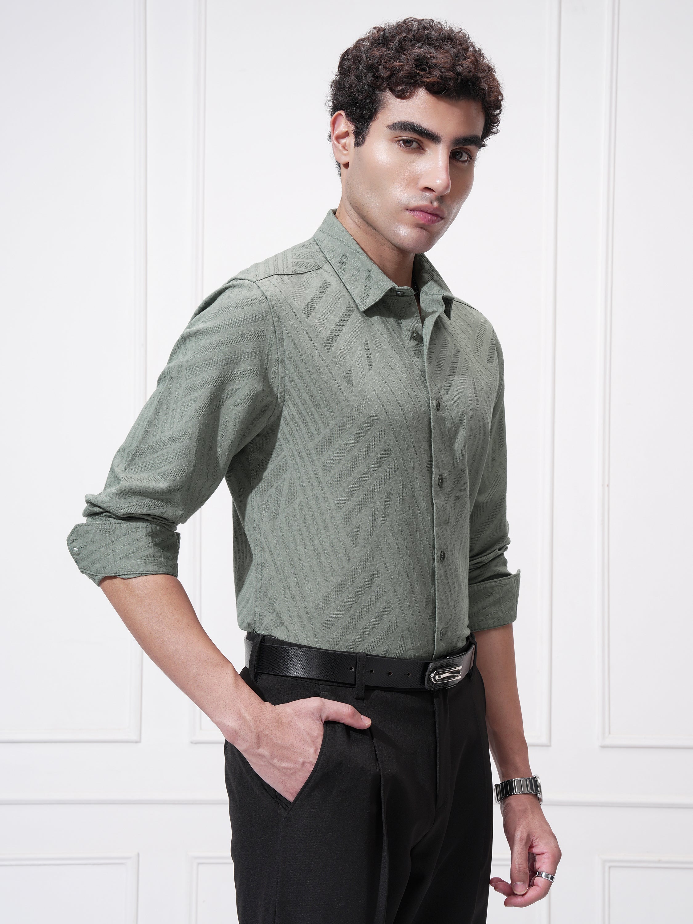 Highlander Men Green Self Design Slim Fit Casual Shirt - Green - Image 6