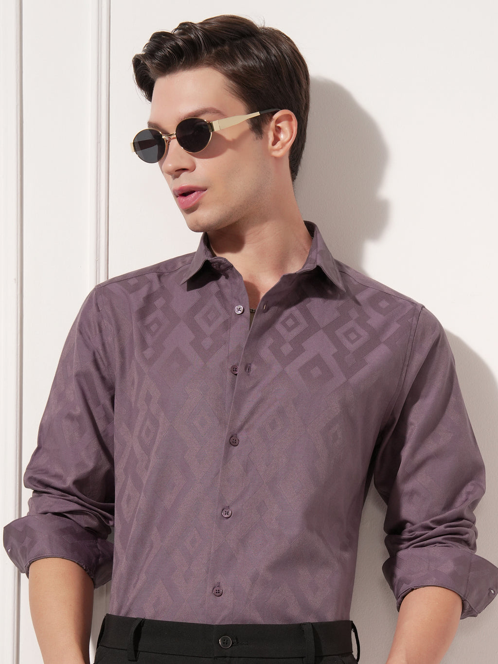 Highlander Men Purple Self Design Slim Fit Casual Shirt - Purple - Image 1