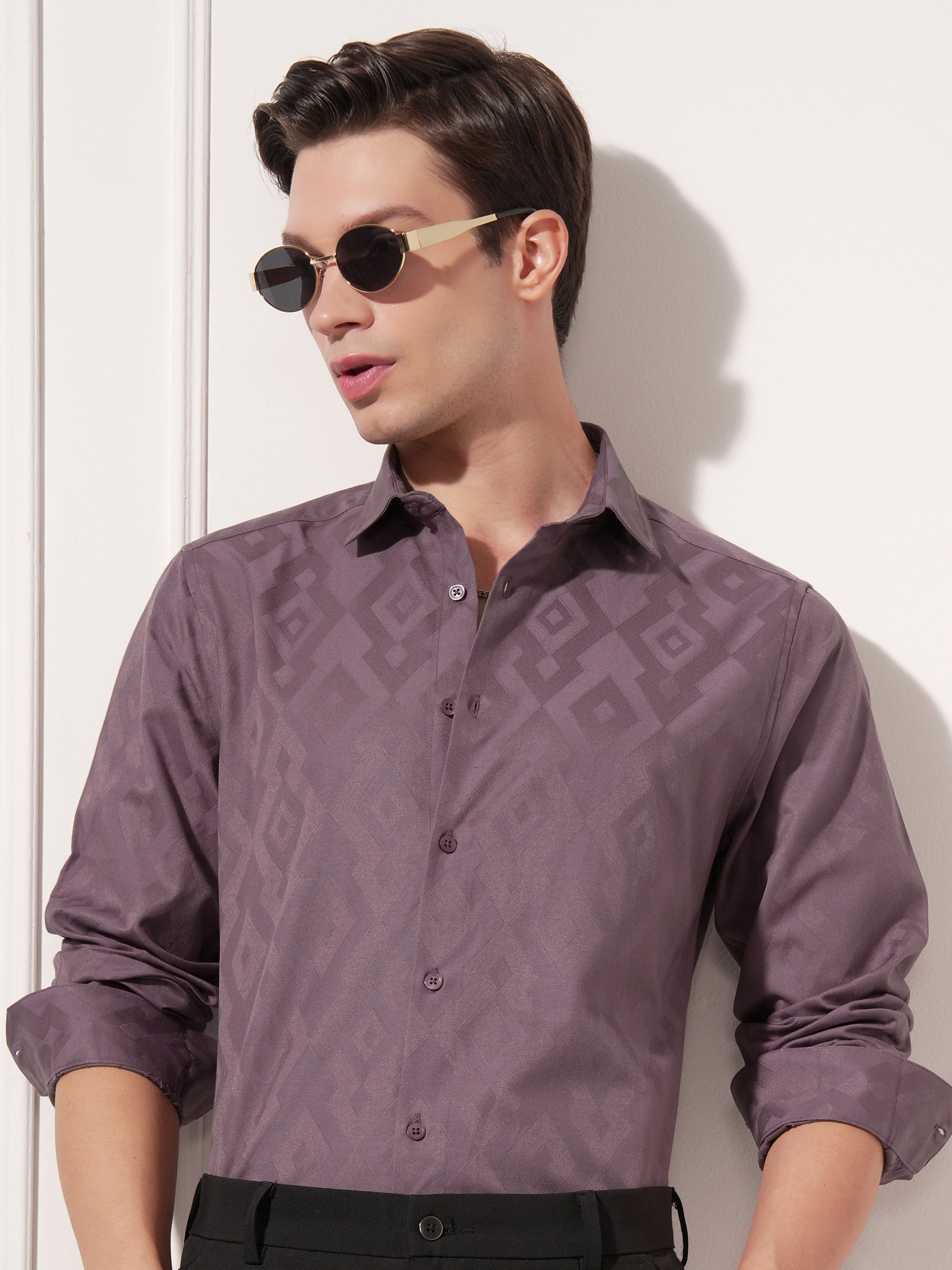 Highlander Men Purple Self Design Slim Fit Casual Shirt - Purple - Image 1