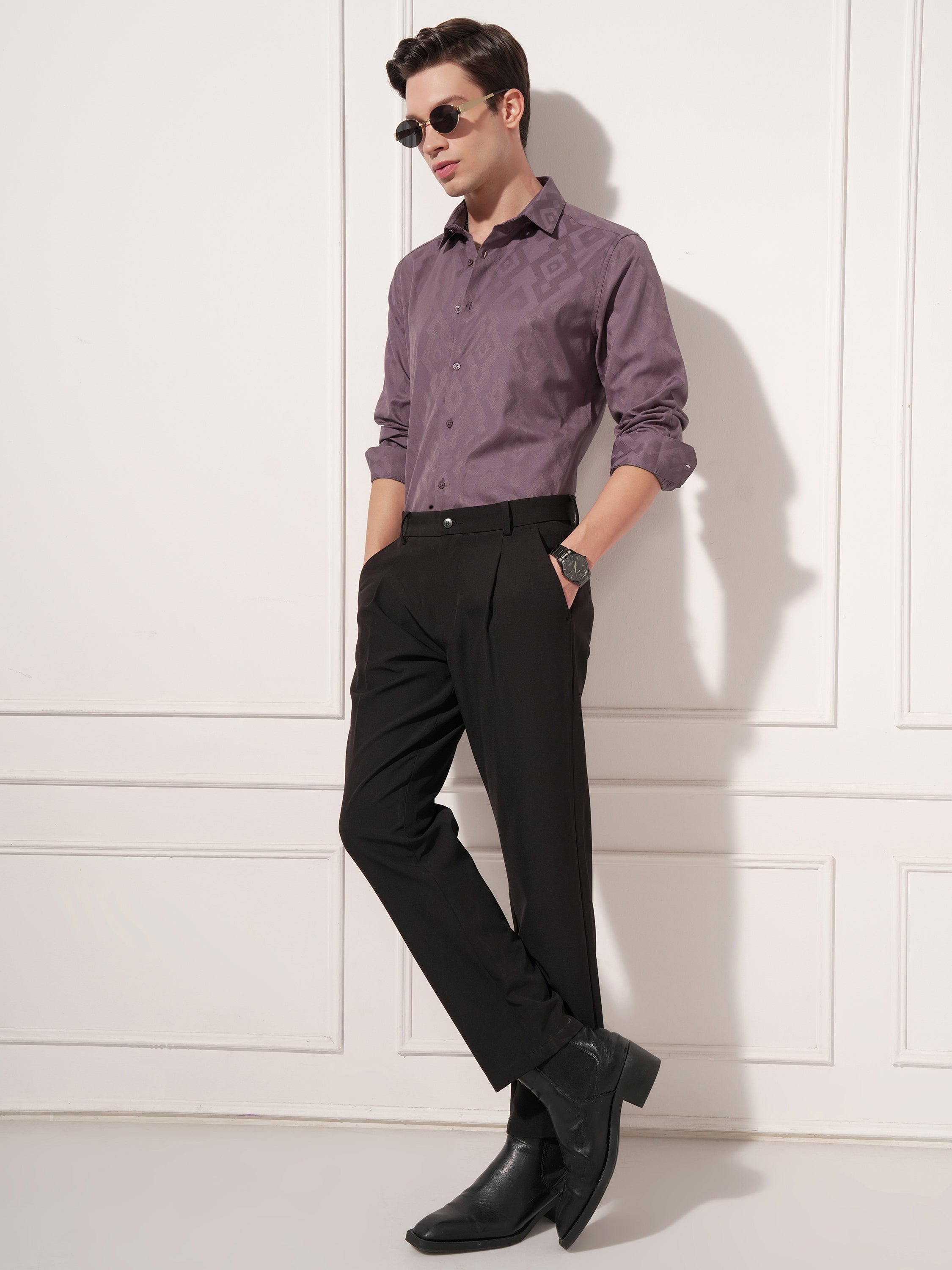 Highlander Men Purple Self Design Slim Fit Casual Shirt - Purple - Image 2