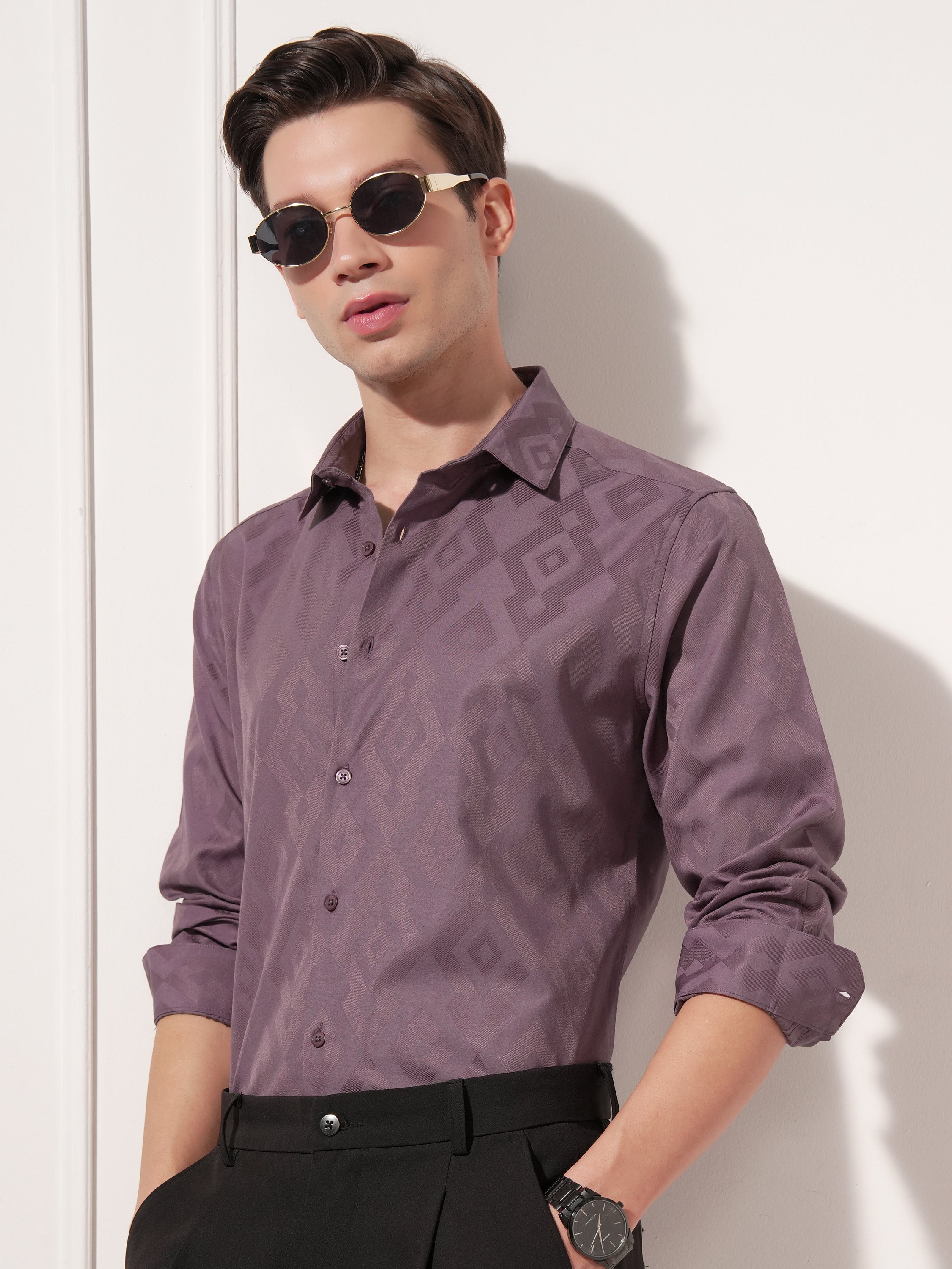 Highlander Men Purple Self Design Slim Fit Casual Shirt - Purple - Image 4