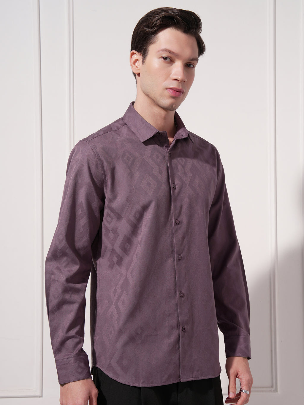 Highlander Men Purple Self Design Slim Fit Casual Shirt - Purple - Image 6