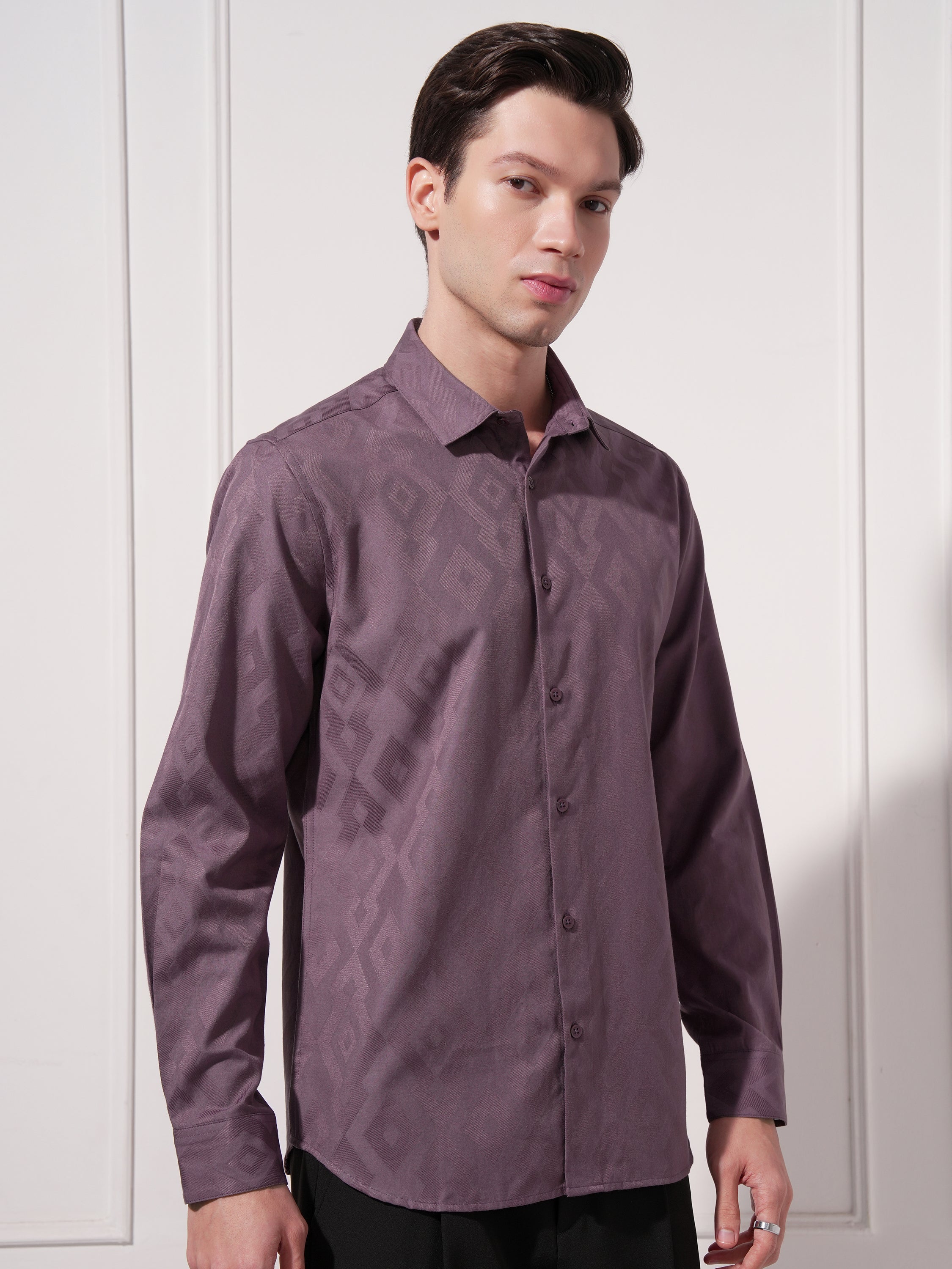 Highlander Men Purple Self Design Slim Fit Casual Shirt - Purple - Image 6