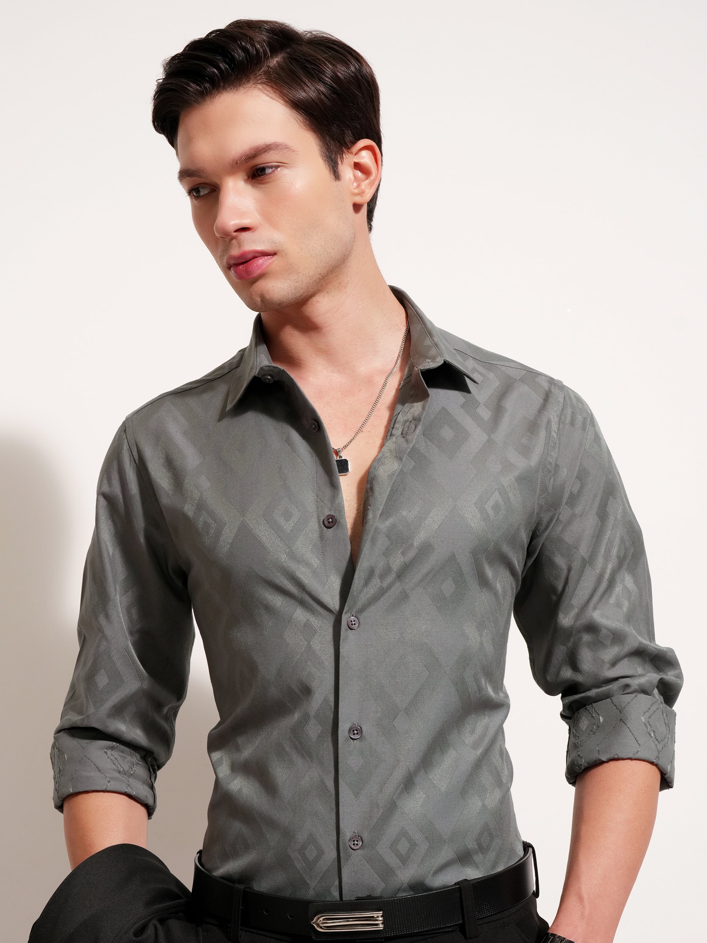Highlander Men Grey Self Design Slim Fit Casual Shirt - Grey - Image 1