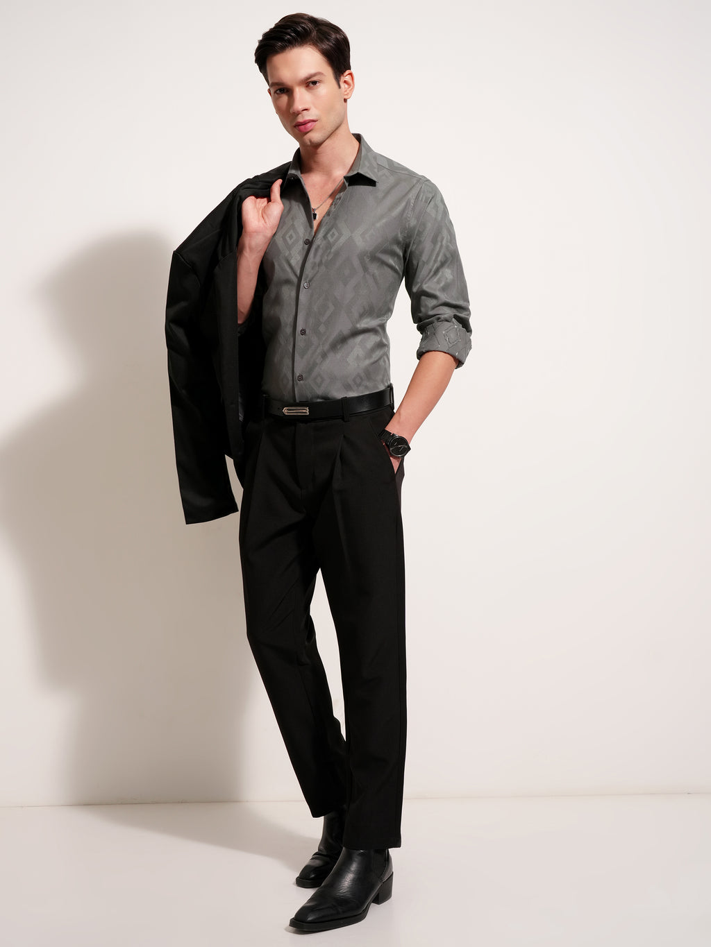 Highlander Men Grey Self Design Slim Fit Casual Shirt - Grey - Image 2