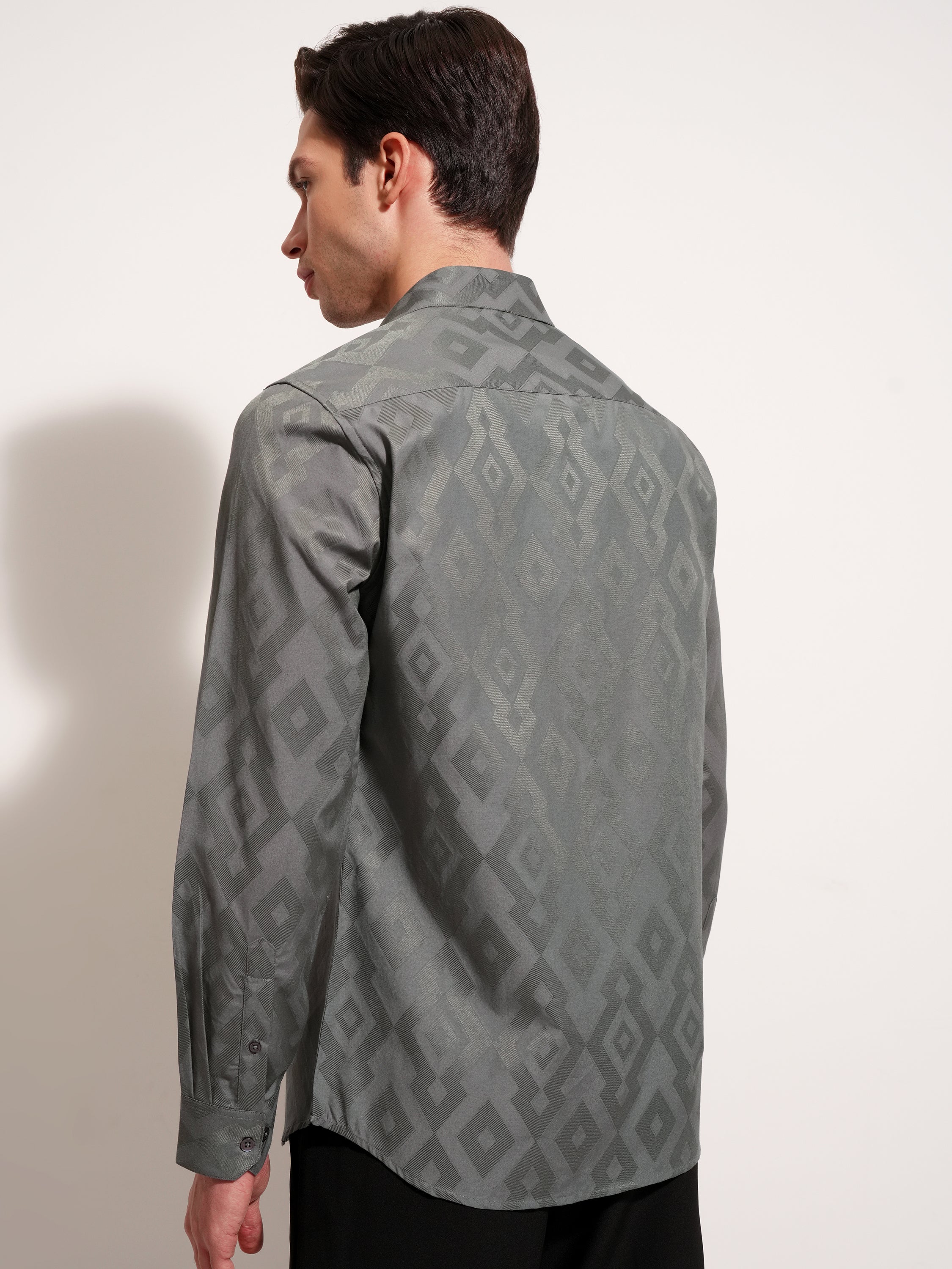 Highlander Men Grey Self Design Slim Fit Casual Shirt - Grey - Image 3