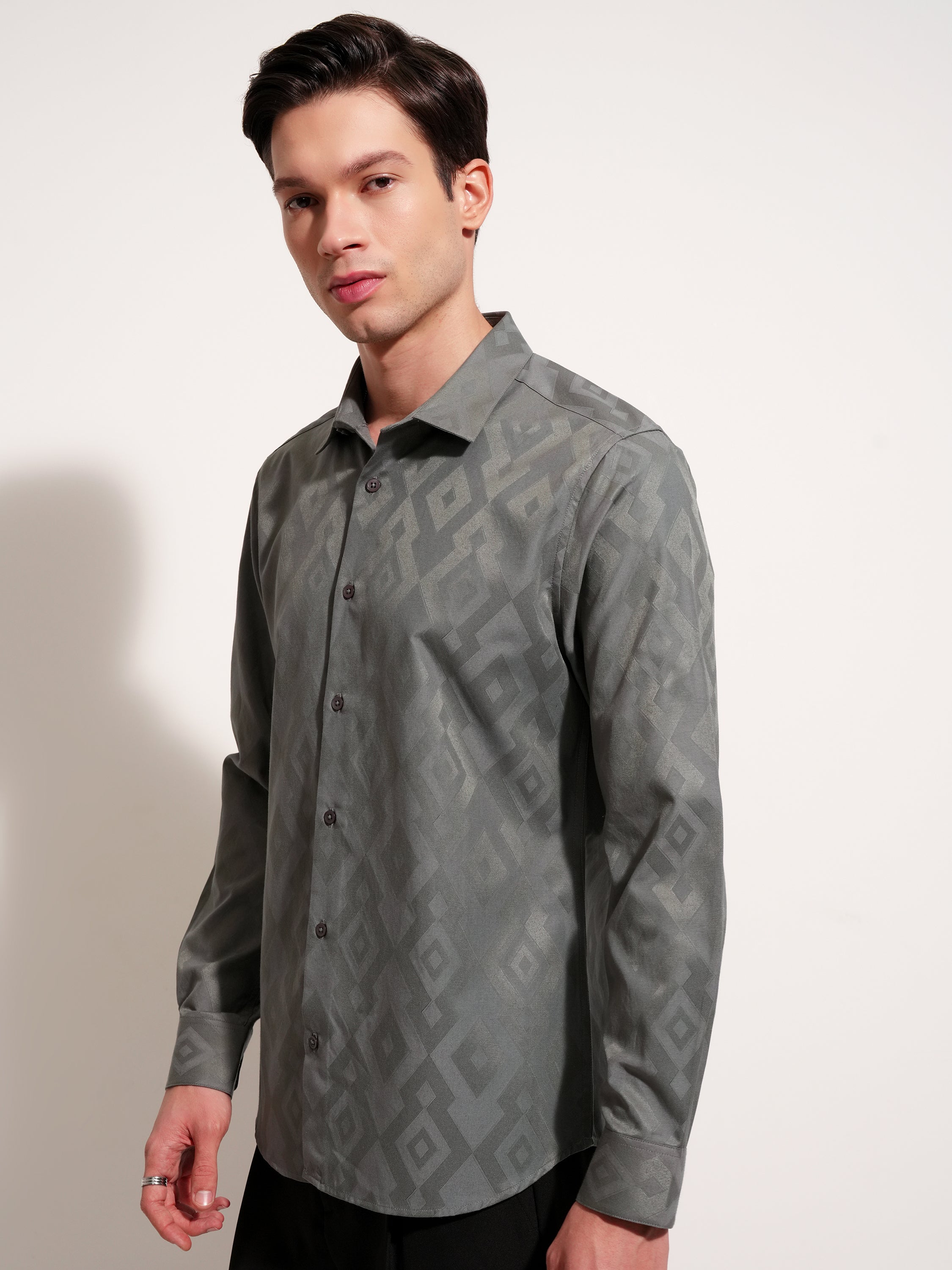 Highlander Men Grey Self Design Slim Fit Casual Shirt - Grey - Image 4