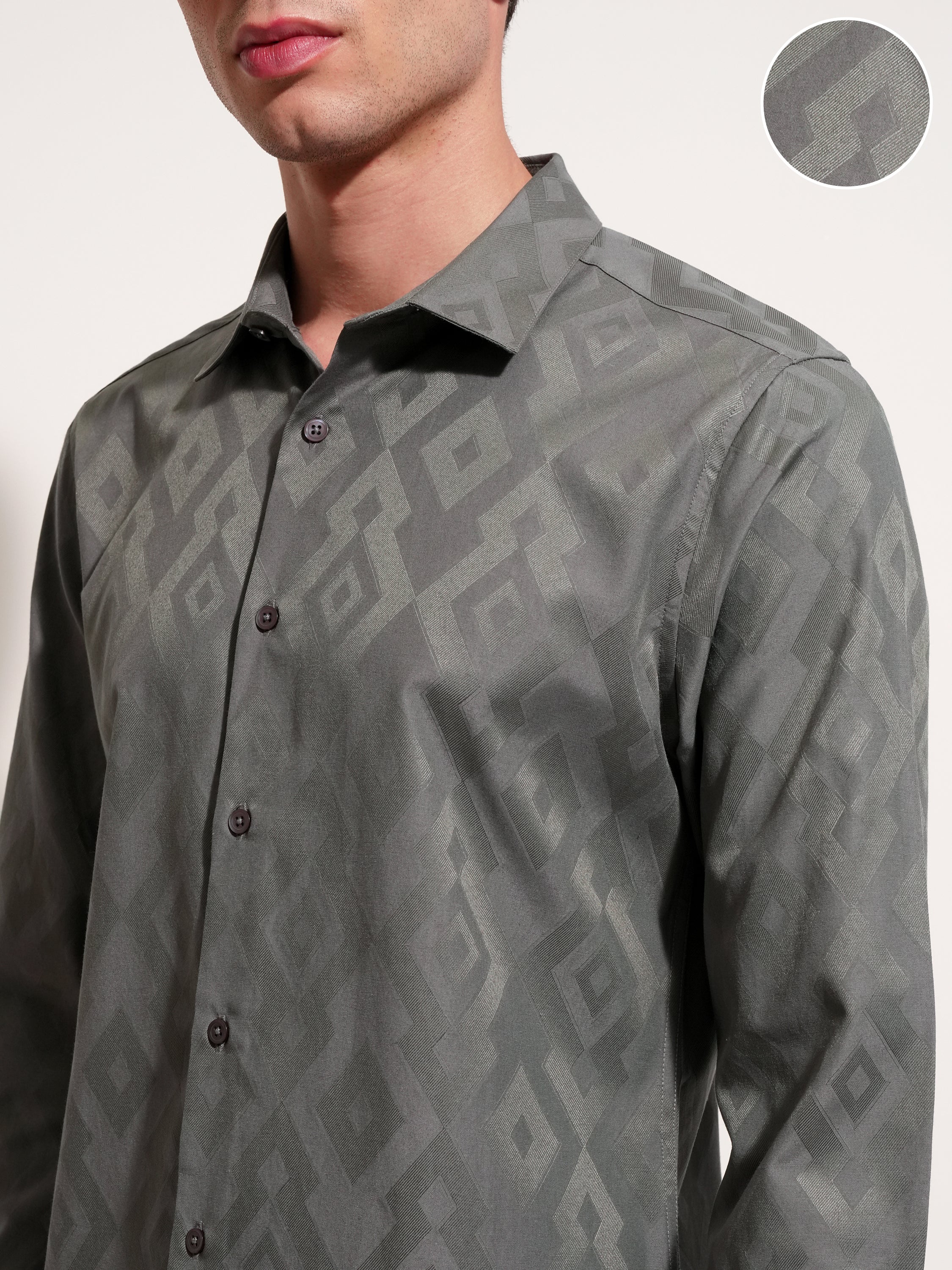 Highlander Men Grey Self Design Slim Fit Casual Shirt - Grey - Image 5