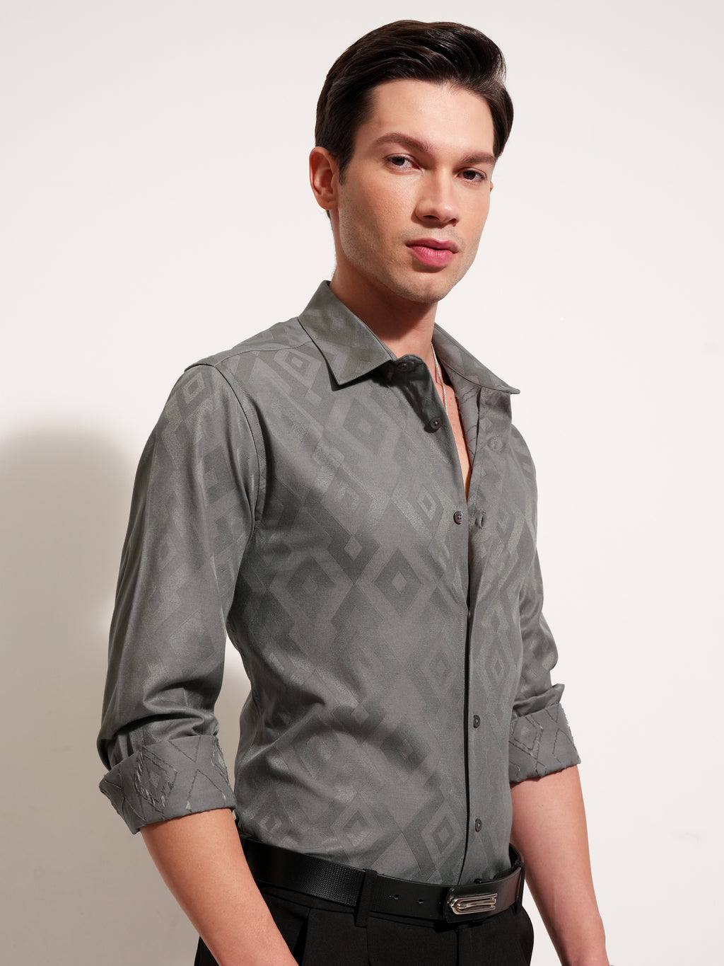 Highlander Men Grey Self Design Slim Fit Casual Shirt - Grey - Image 6