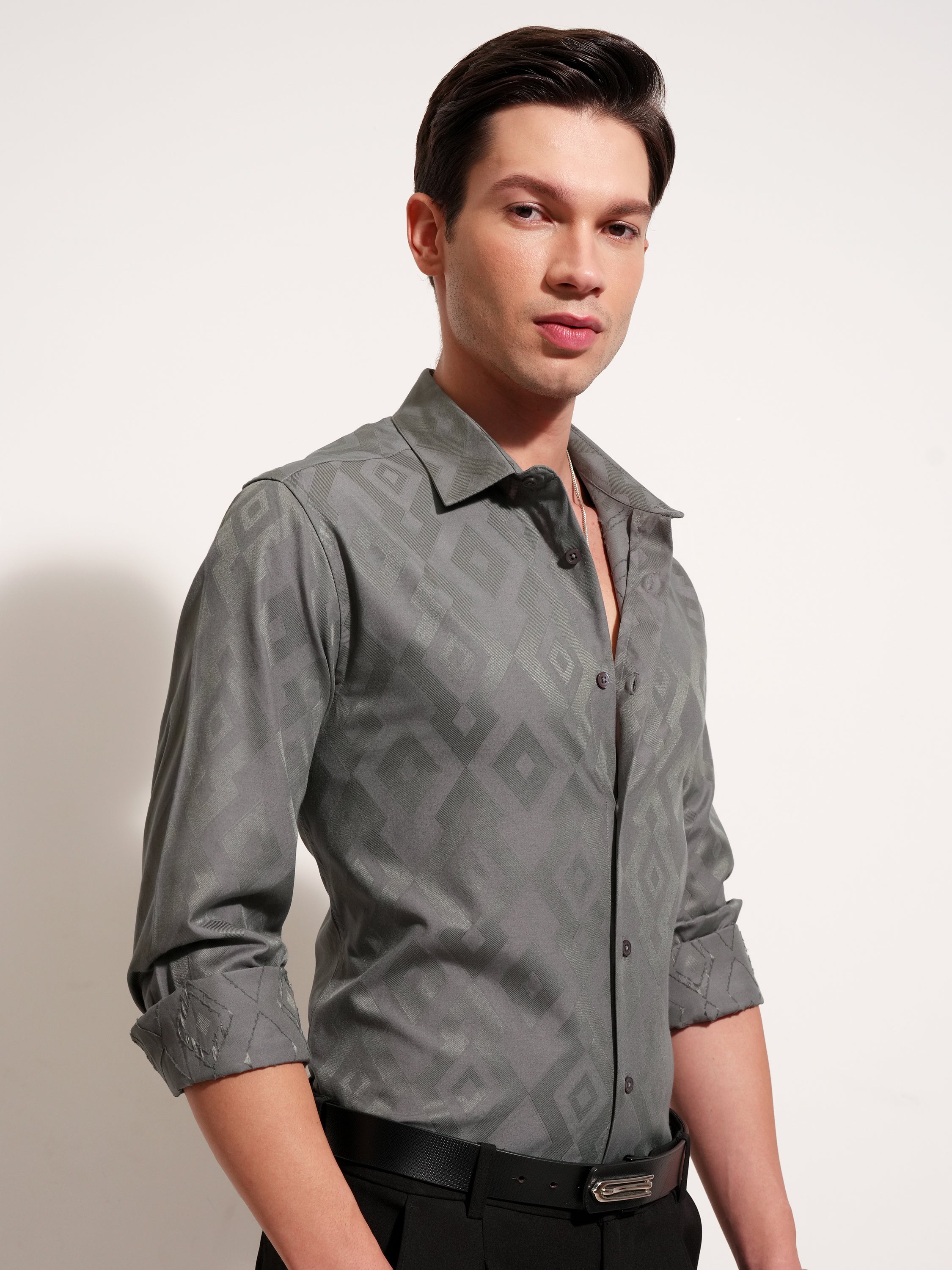Highlander Men Grey Self Design Slim Fit Casual Shirt - Grey - Image 6
