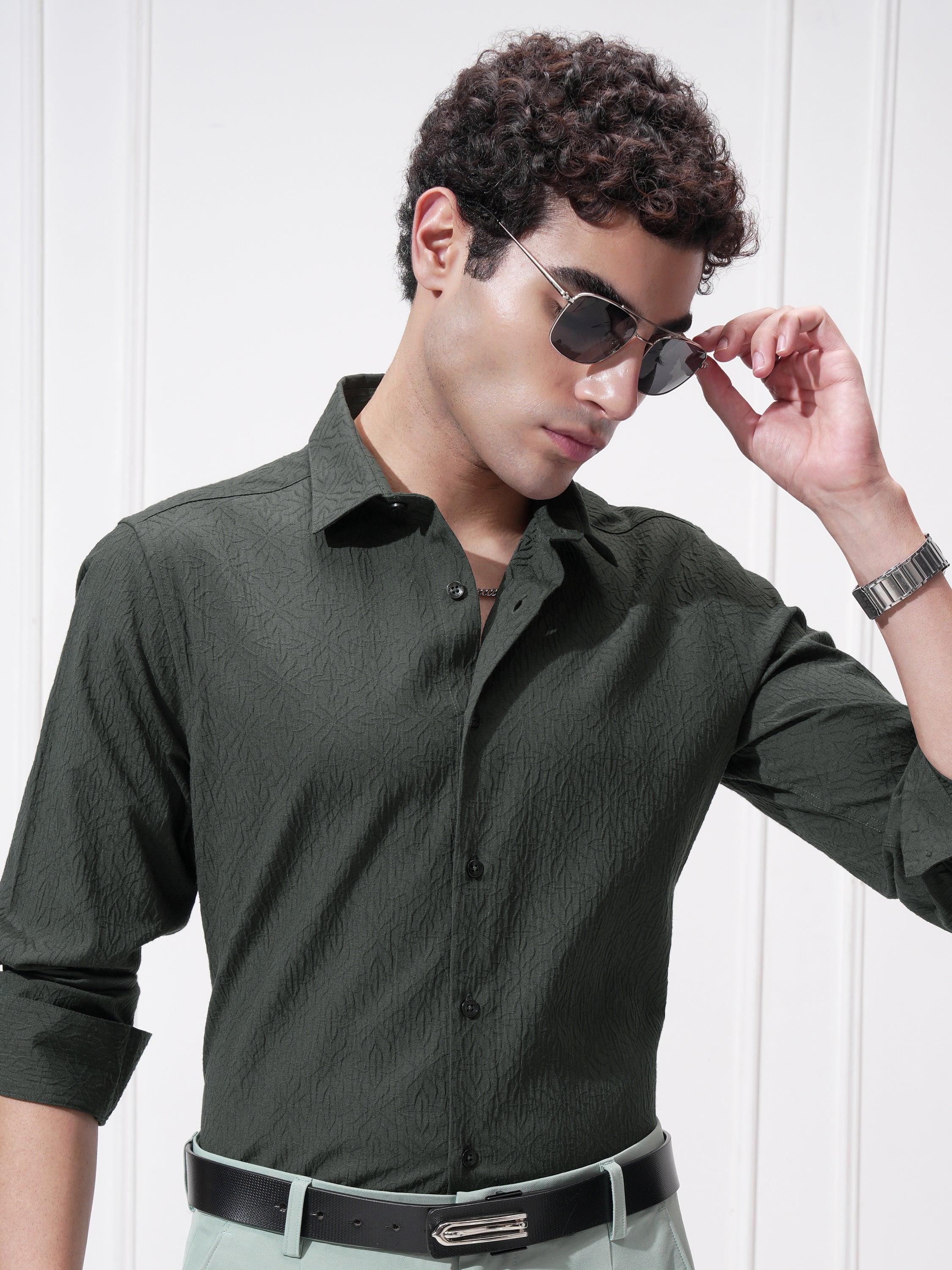 Highlander Men Green Self Design Slim Fit Casual Shirt - Green - Image 1