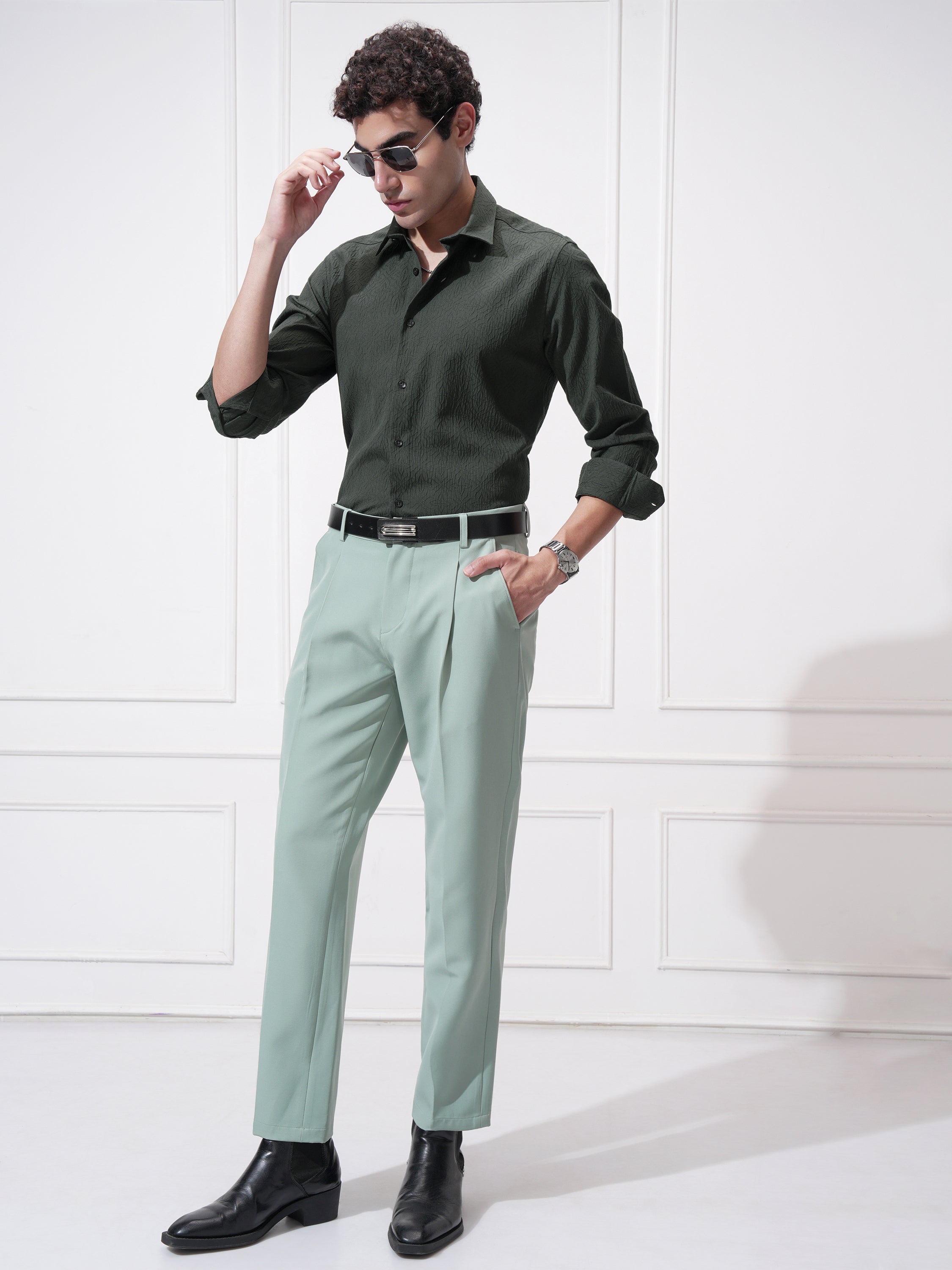 Highlander Men Green Self Design Slim Fit Casual Shirt - Green - Image 2