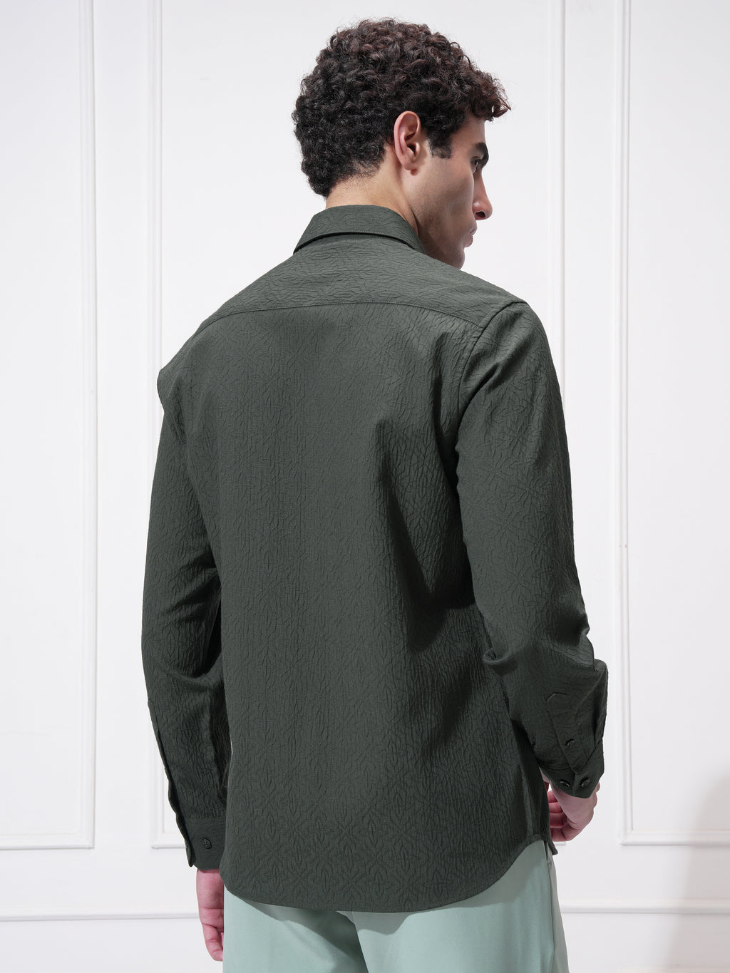 Highlander Men Green Self Design Slim Fit Casual Shirt - Green - Image 3