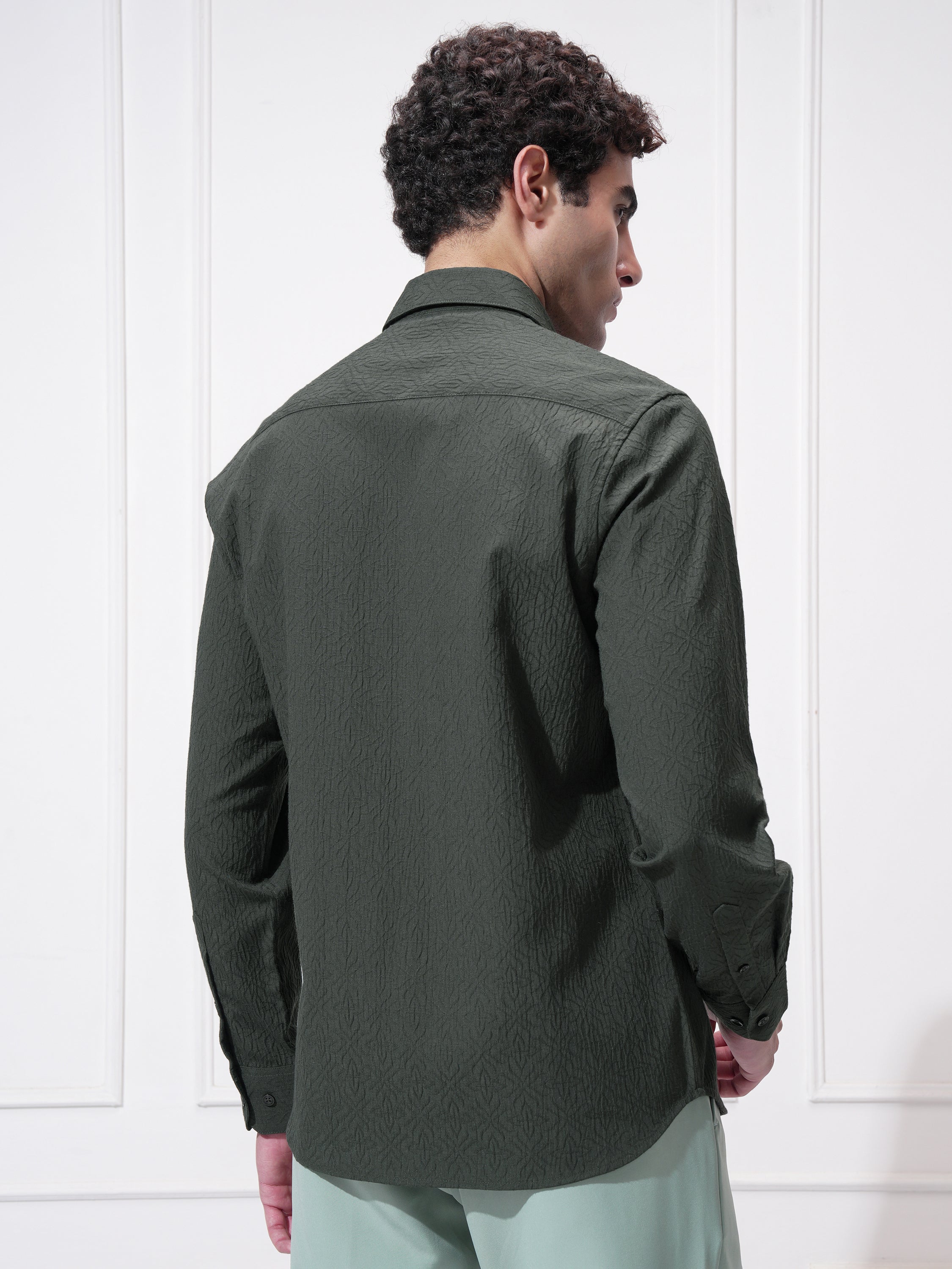Highlander Men Green Self Design Slim Fit Casual Shirt - Green - Image 3