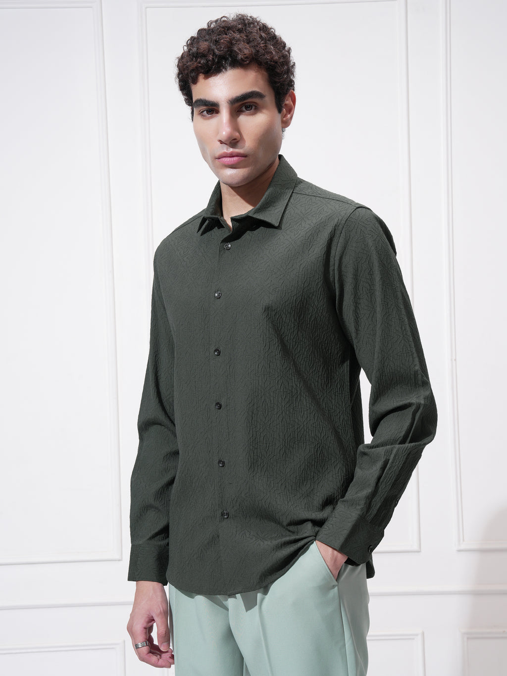 Highlander Men Green Self Design Slim Fit Casual Shirt - Green - Image 4