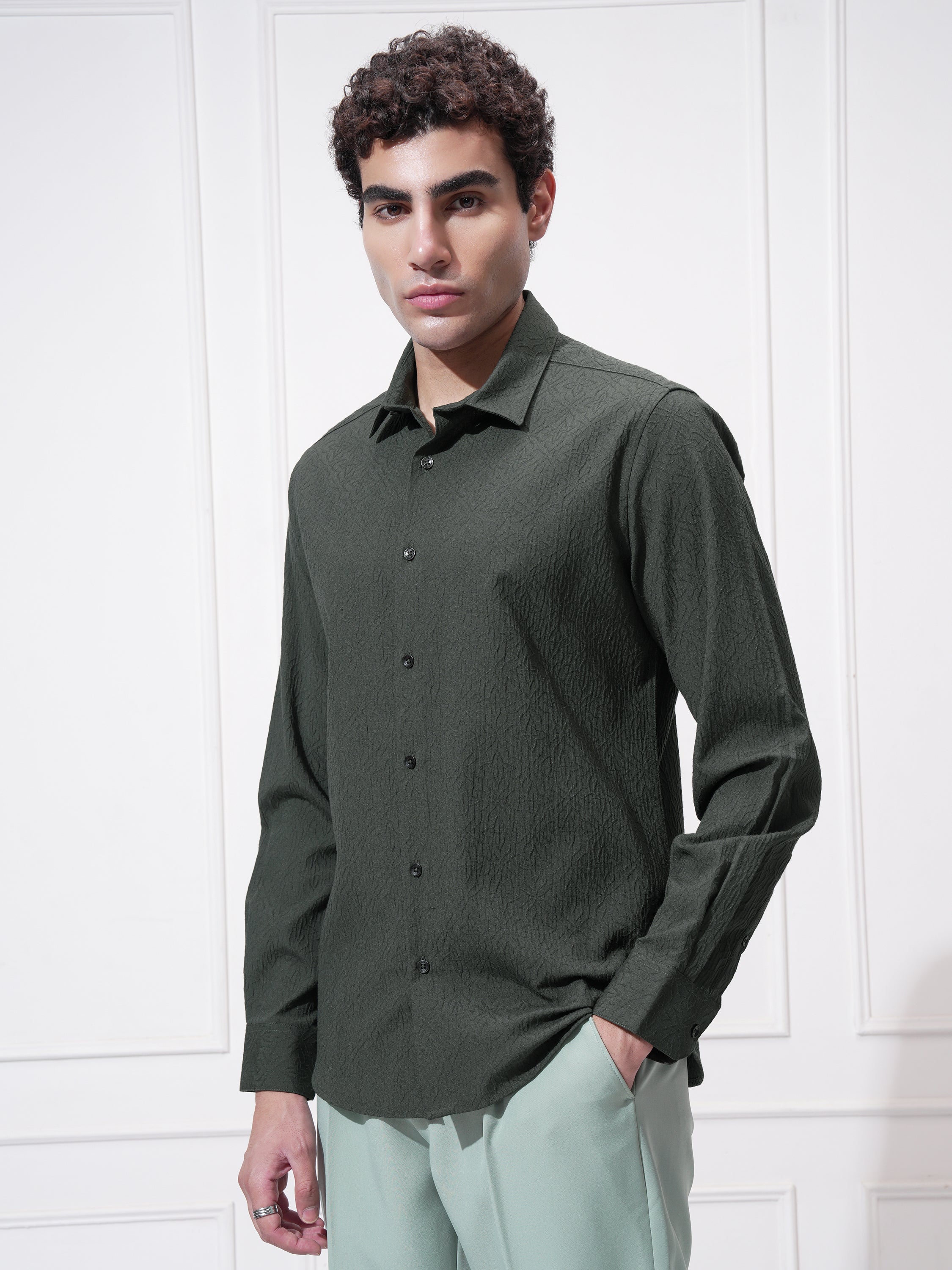 Highlander Men Green Self Design Slim Fit Casual Shirt - Green - Image 4