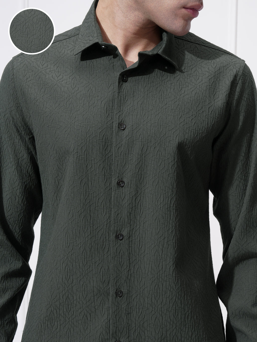 Highlander Men Green Self Design Slim Fit Casual Shirt - Green - Image 5