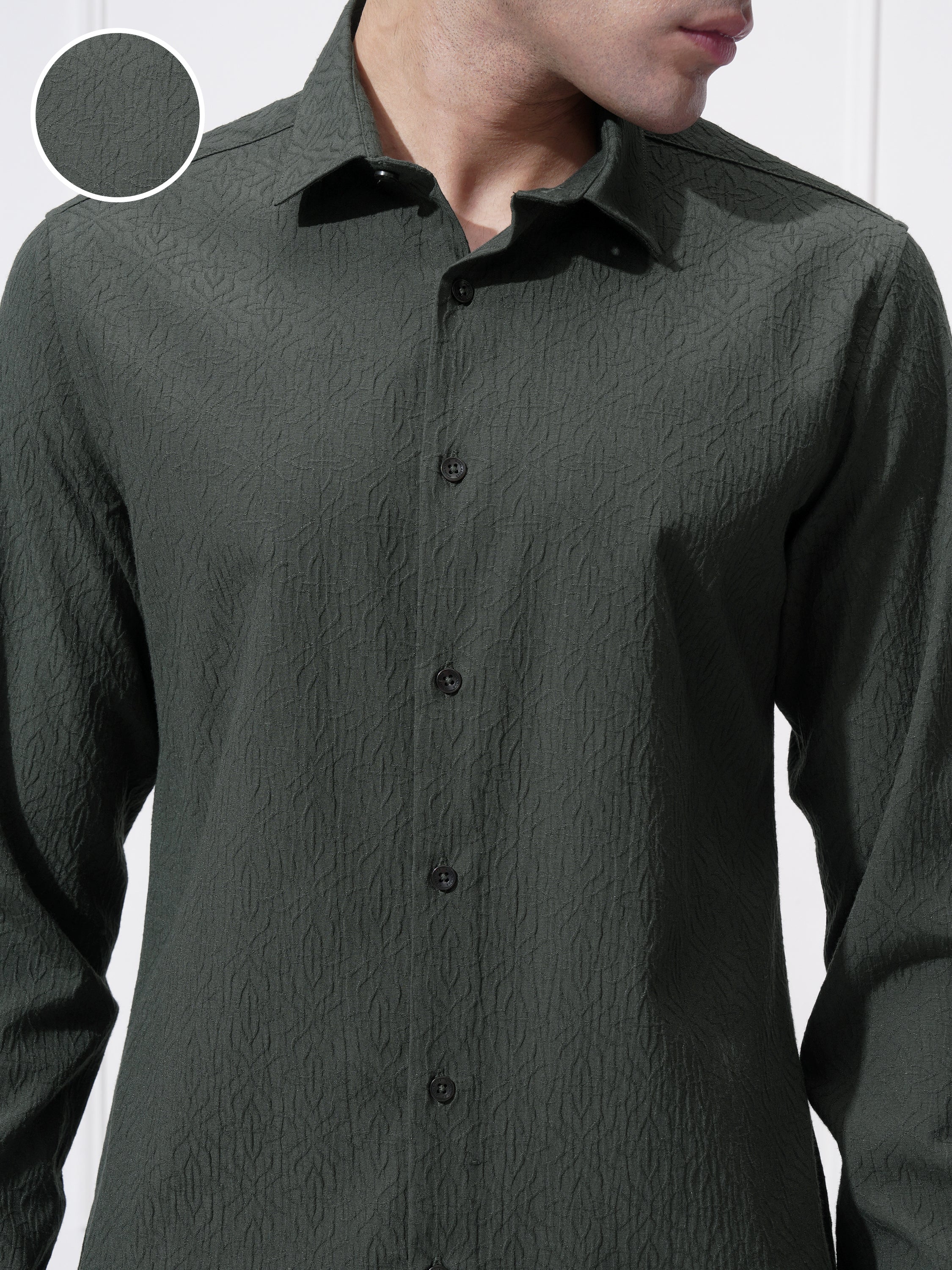 Highlander Men Green Self Design Slim Fit Casual Shirt - Green - Image 5