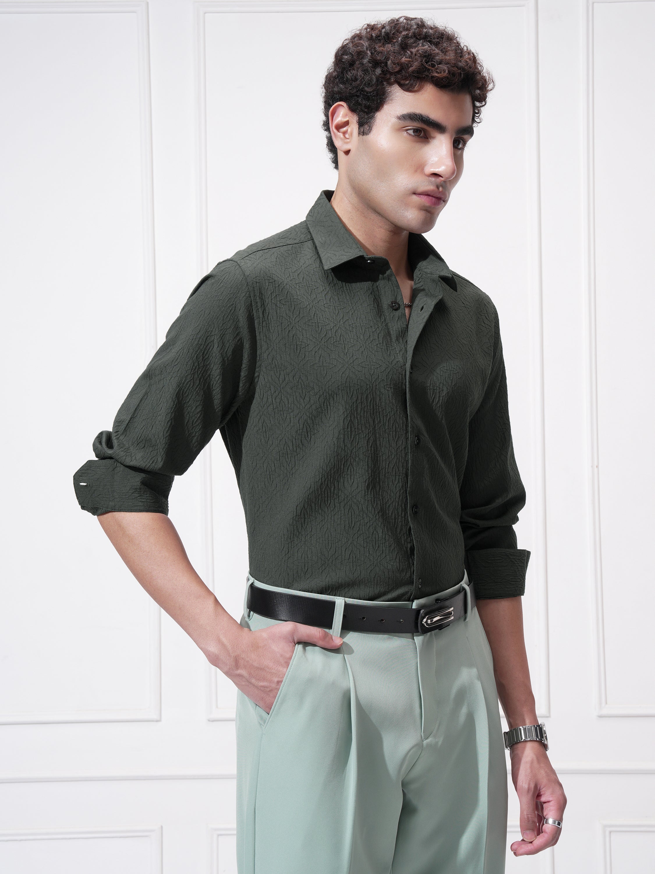 Highlander Men Green Self Design Slim Fit Casual Shirt - Green - Image 6