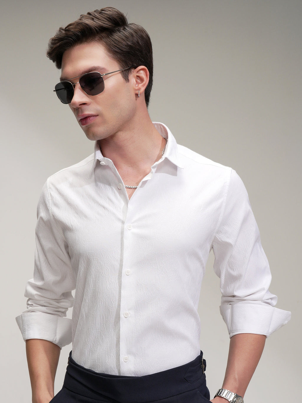 Highlander Men White Self Design Slim Fit Casual Shirt - White - Image 1