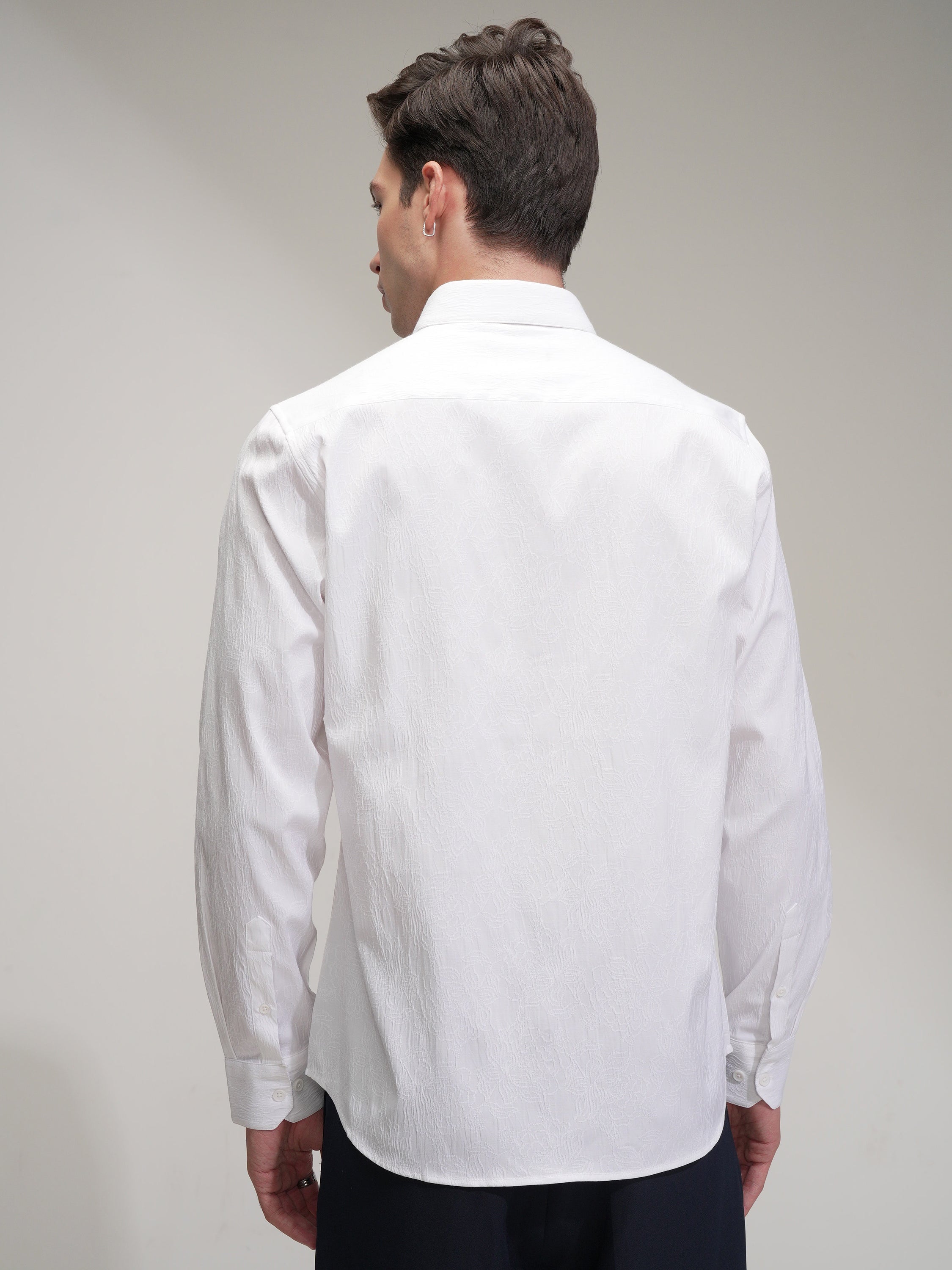 Highlander Men White Self Design Slim Fit Casual Shirt - White - Image 3