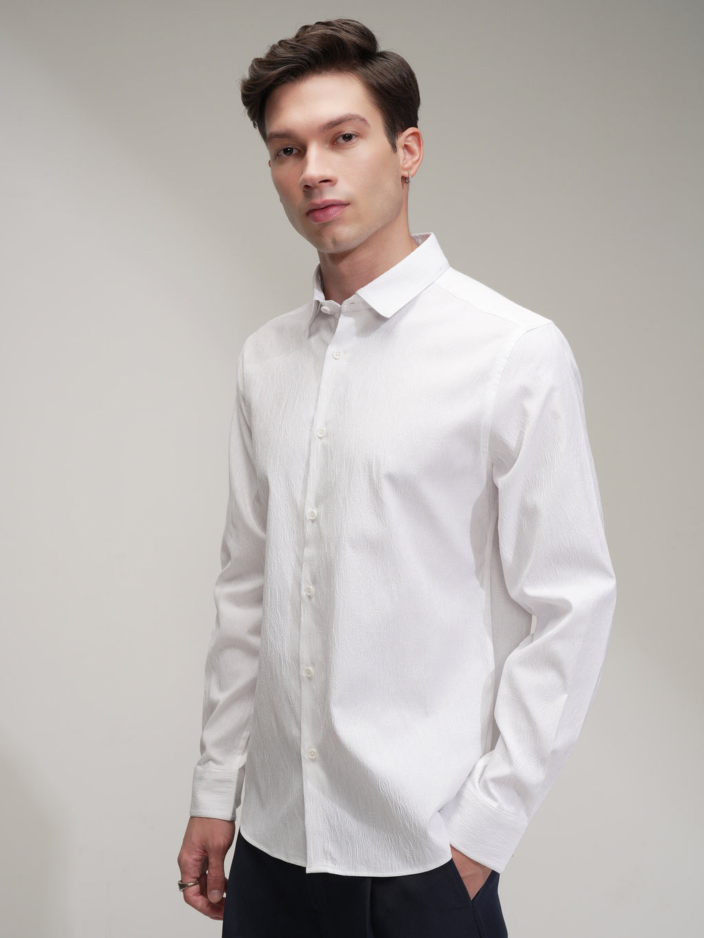 Highlander Men White Self Design Slim Fit Casual Shirt - White - Image 4