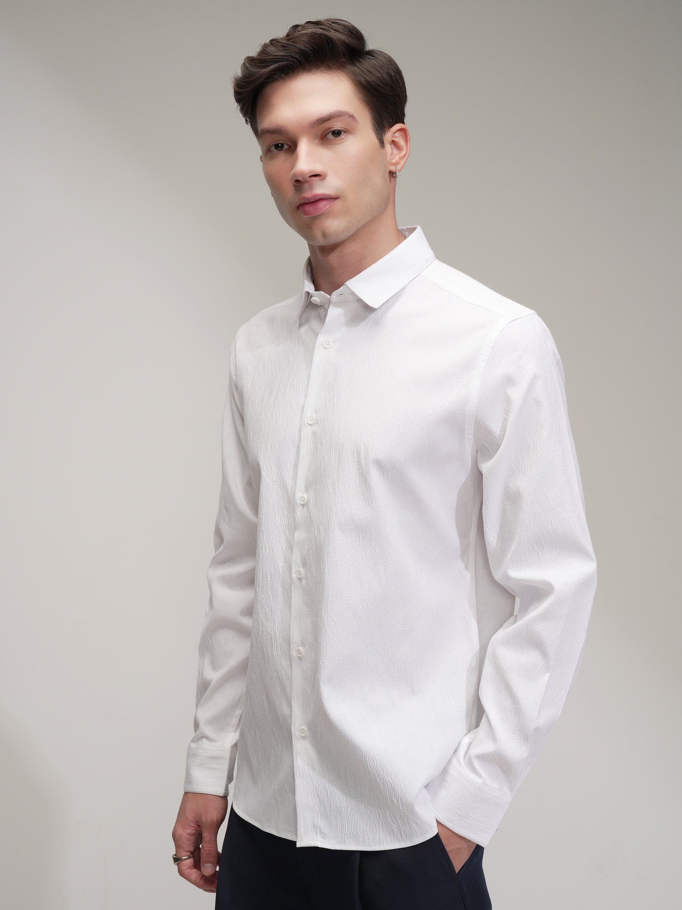 Highlander Men White Self Design Slim Fit Casual Shirt - White - Image 4