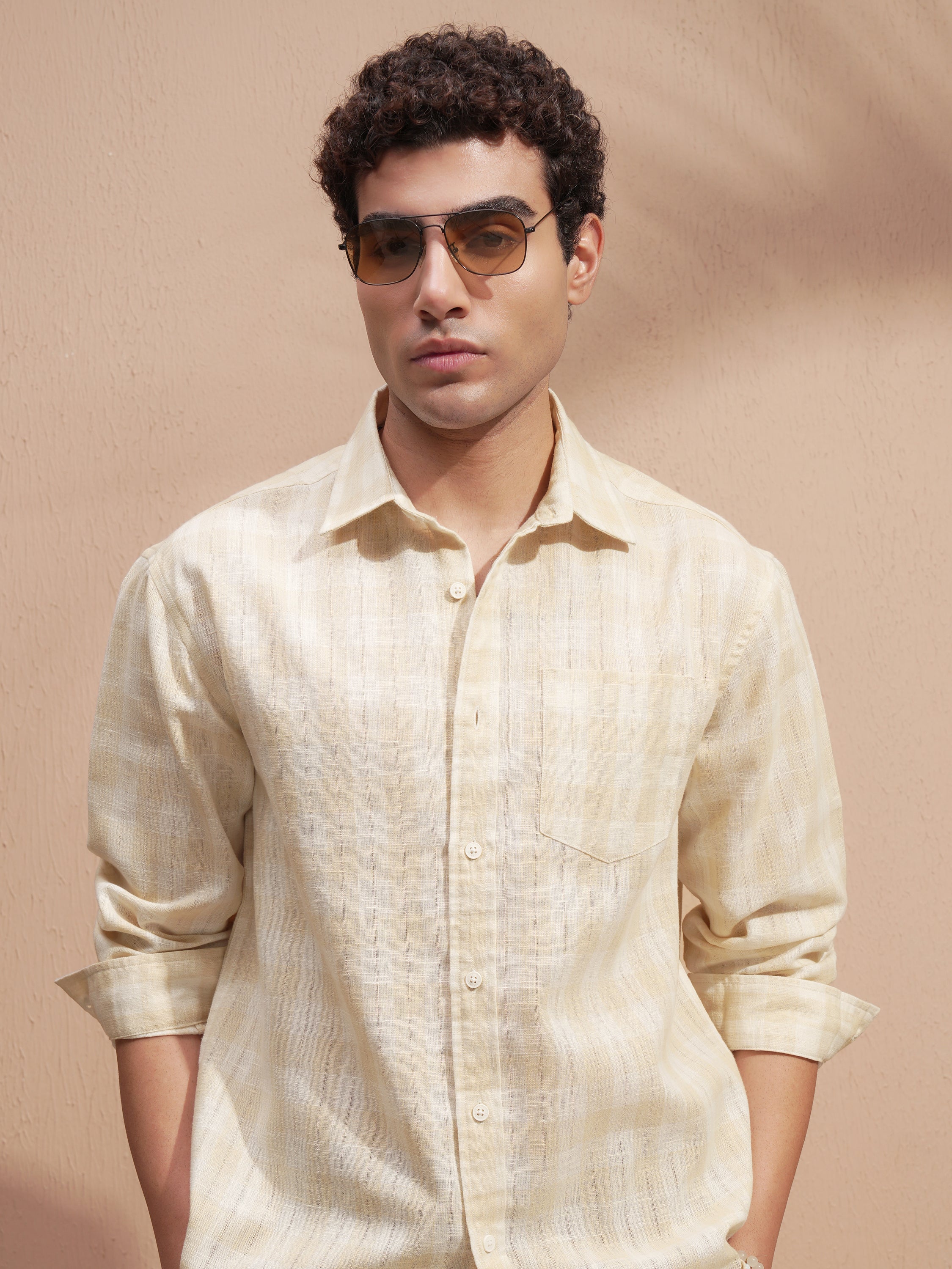 Highlander Men Yellow Self Design Relaxed Fit Casual Shirt - Yellow - Image 1