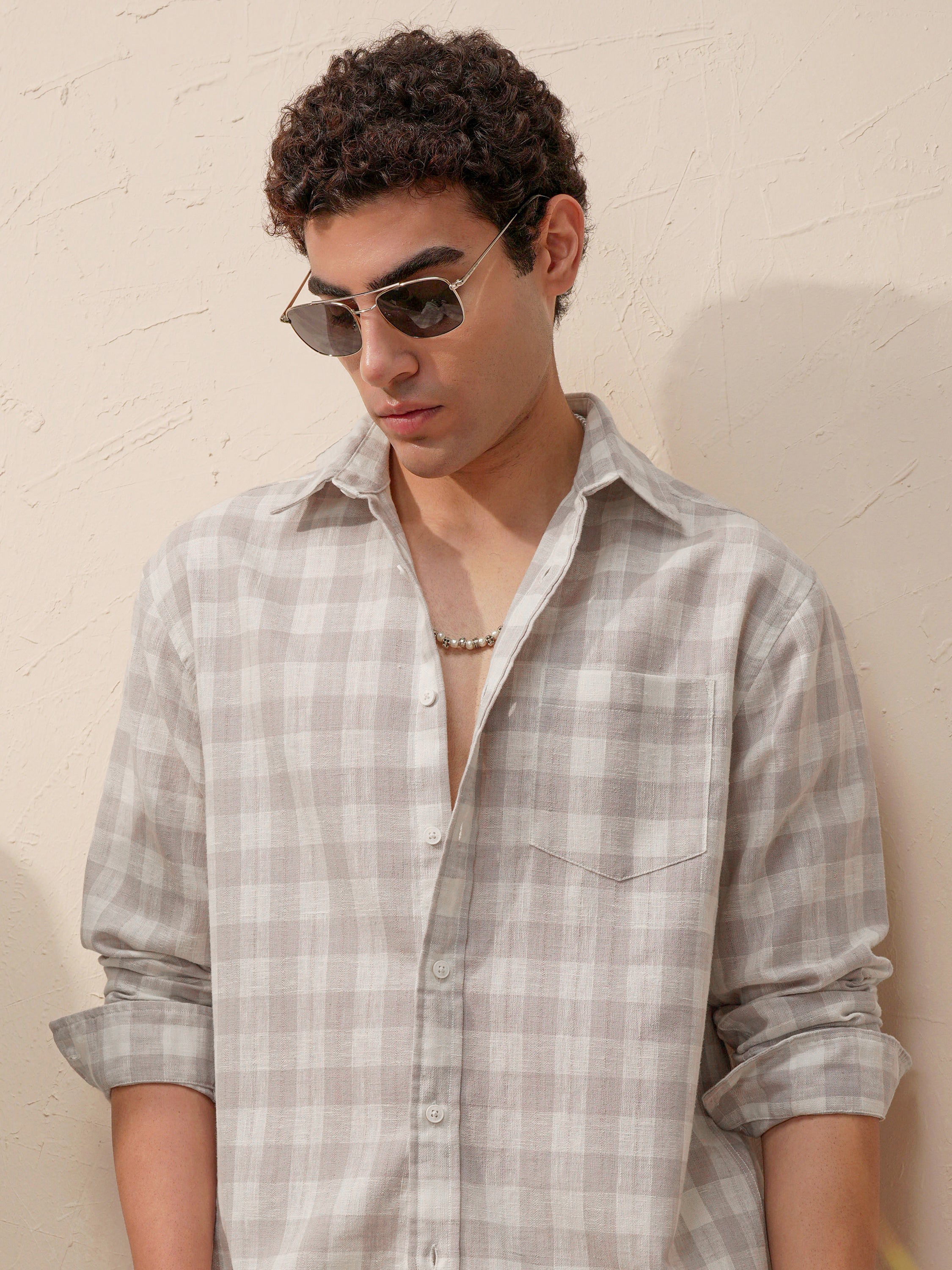 Highlander Men Grey Checked Relaxed Fit Casual Shirt - Grey - Image 1