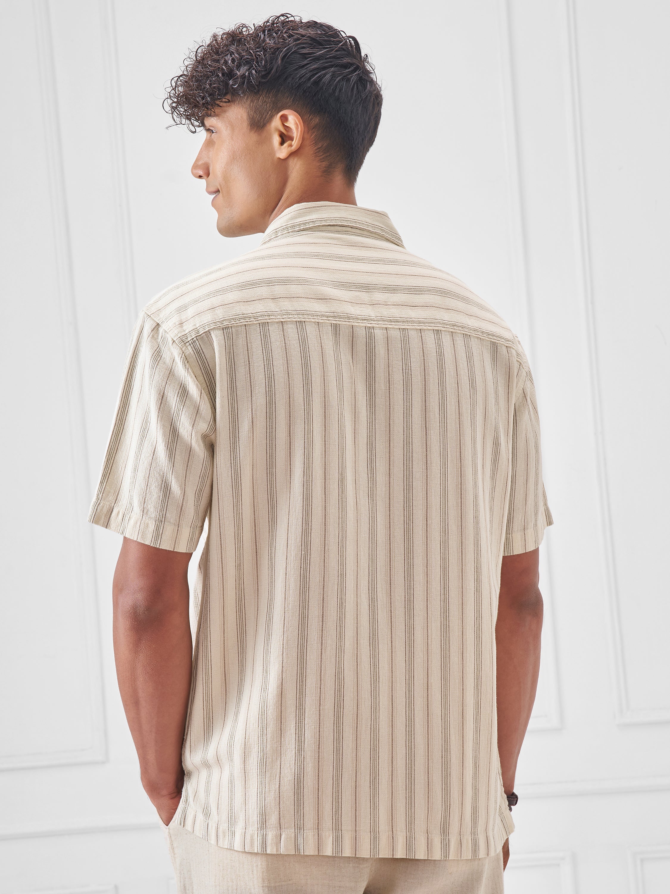 Highlander Men Cream Striped Relaxed Fit Casual Shirt - Cream - Image 3