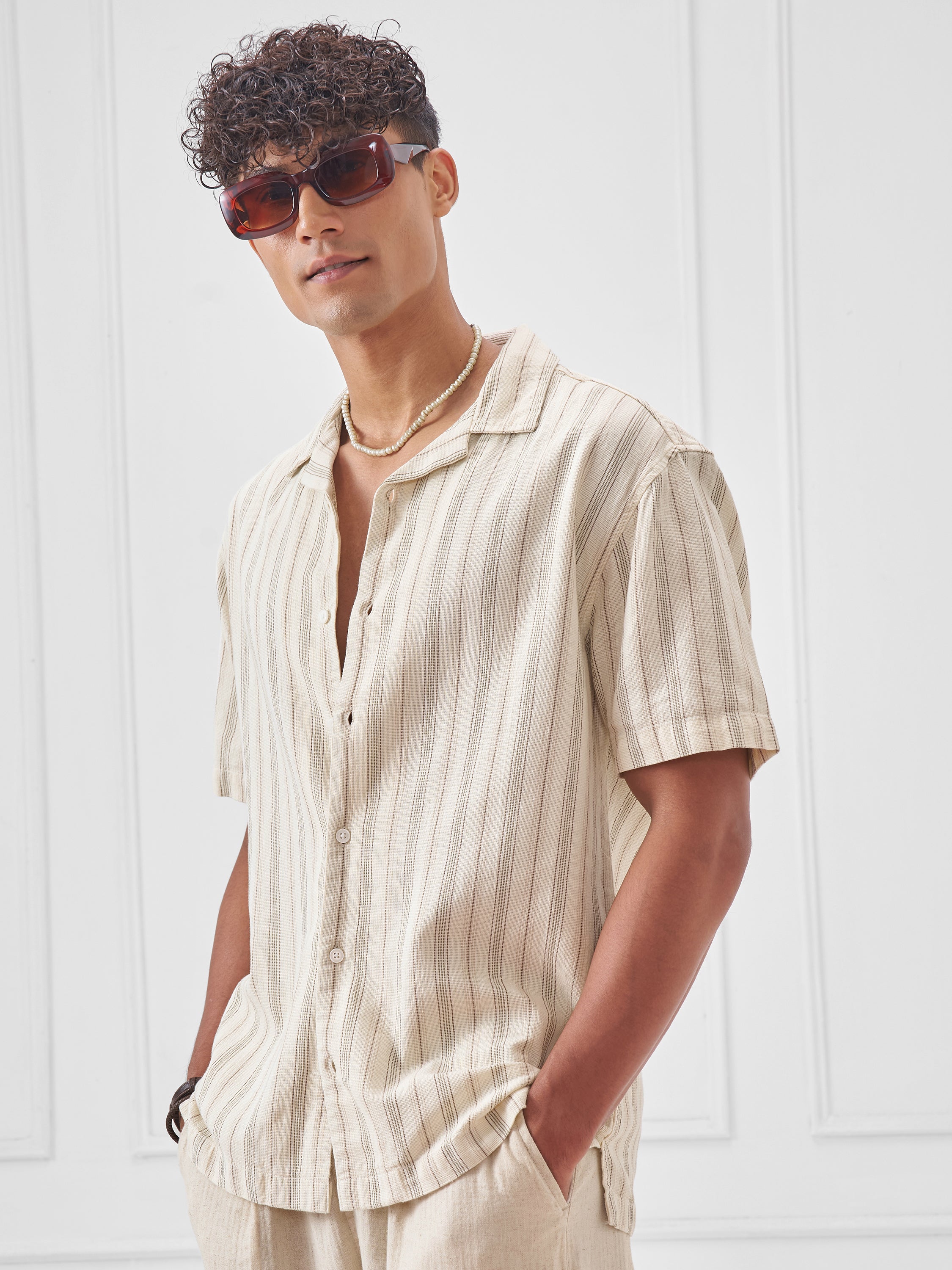 Highlander Men Cream Striped Relaxed Fit Casual Shirt - Cream - Image 4