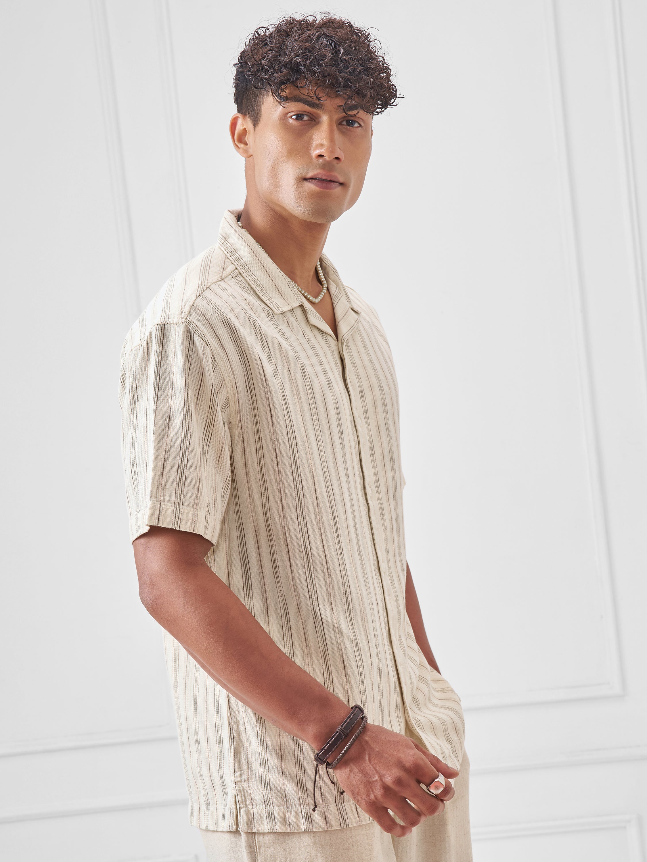 Highlander Men Cream Striped Relaxed Fit Casual Shirt - Cream - Image 6