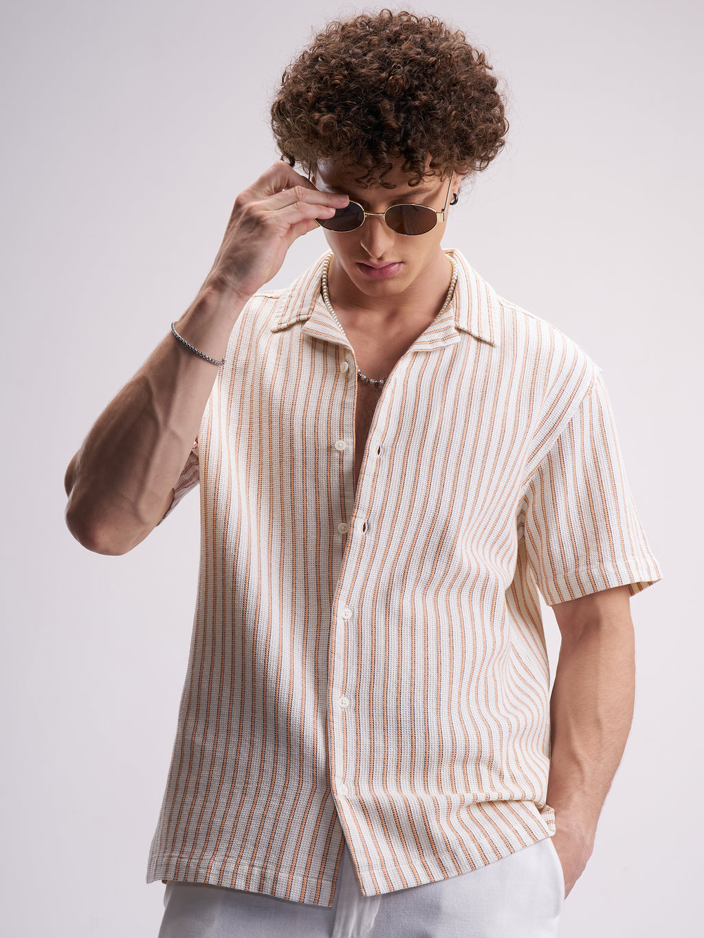 Highlander Men White Striped Relaxed Fit Casual Shirt - White - Image 1