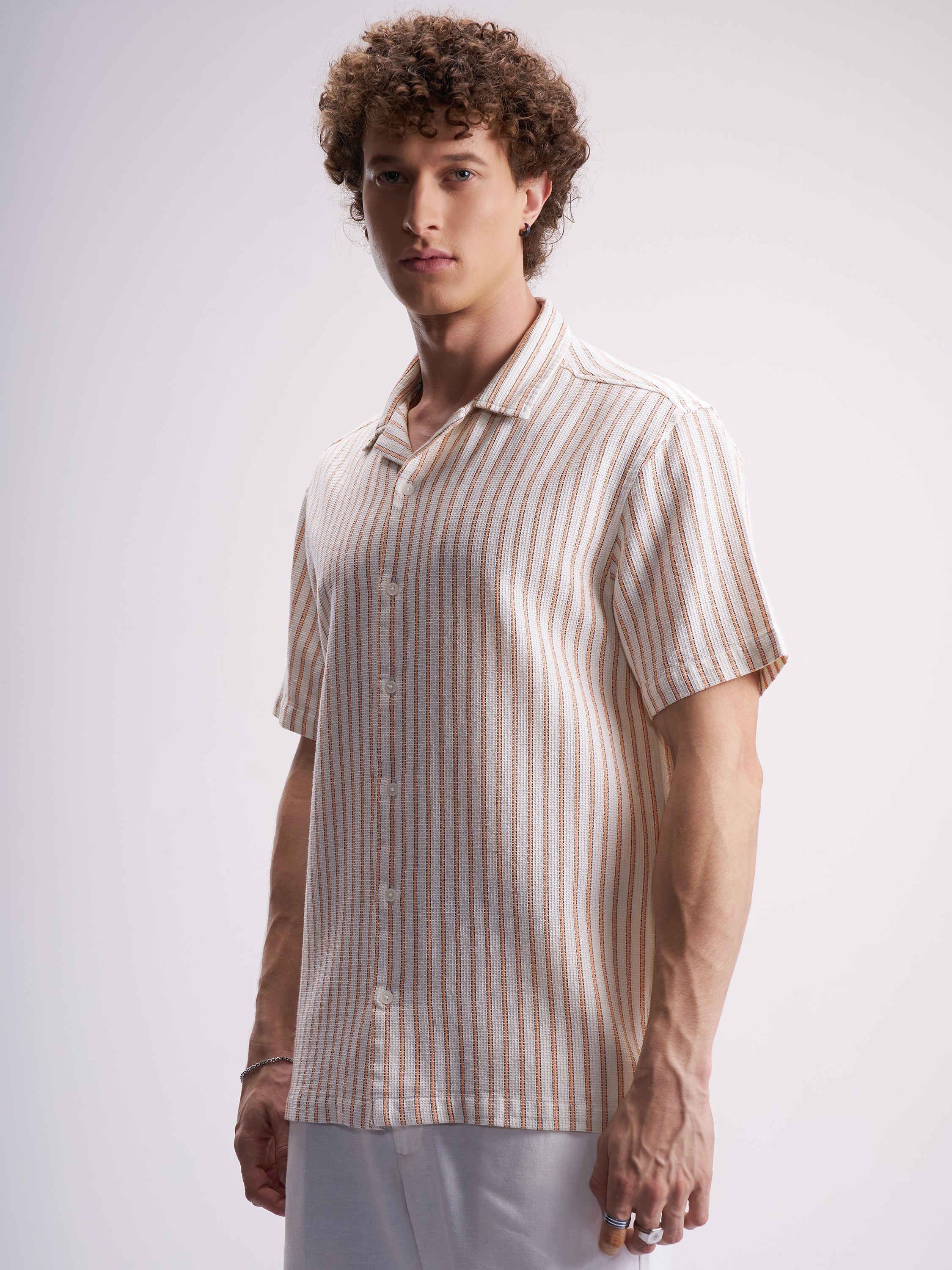 Highlander Men White Striped Relaxed Fit Casual Shirt - White - Image 4