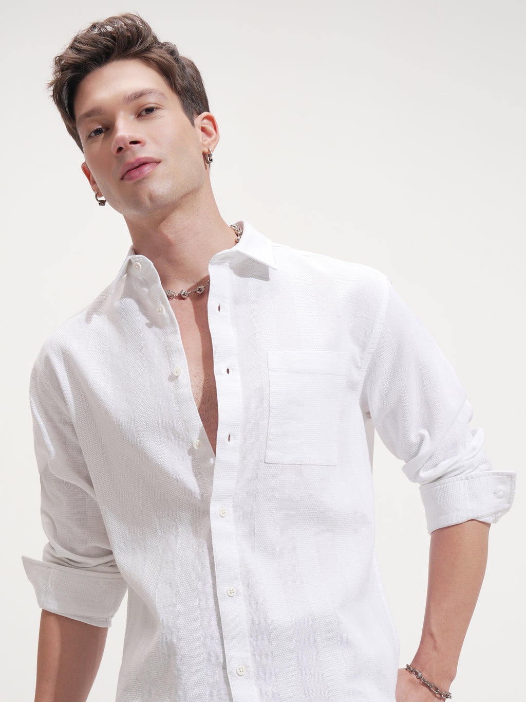 Highlander Men White Self Design Relaxed Fit Casual Shirt - White - Image 1