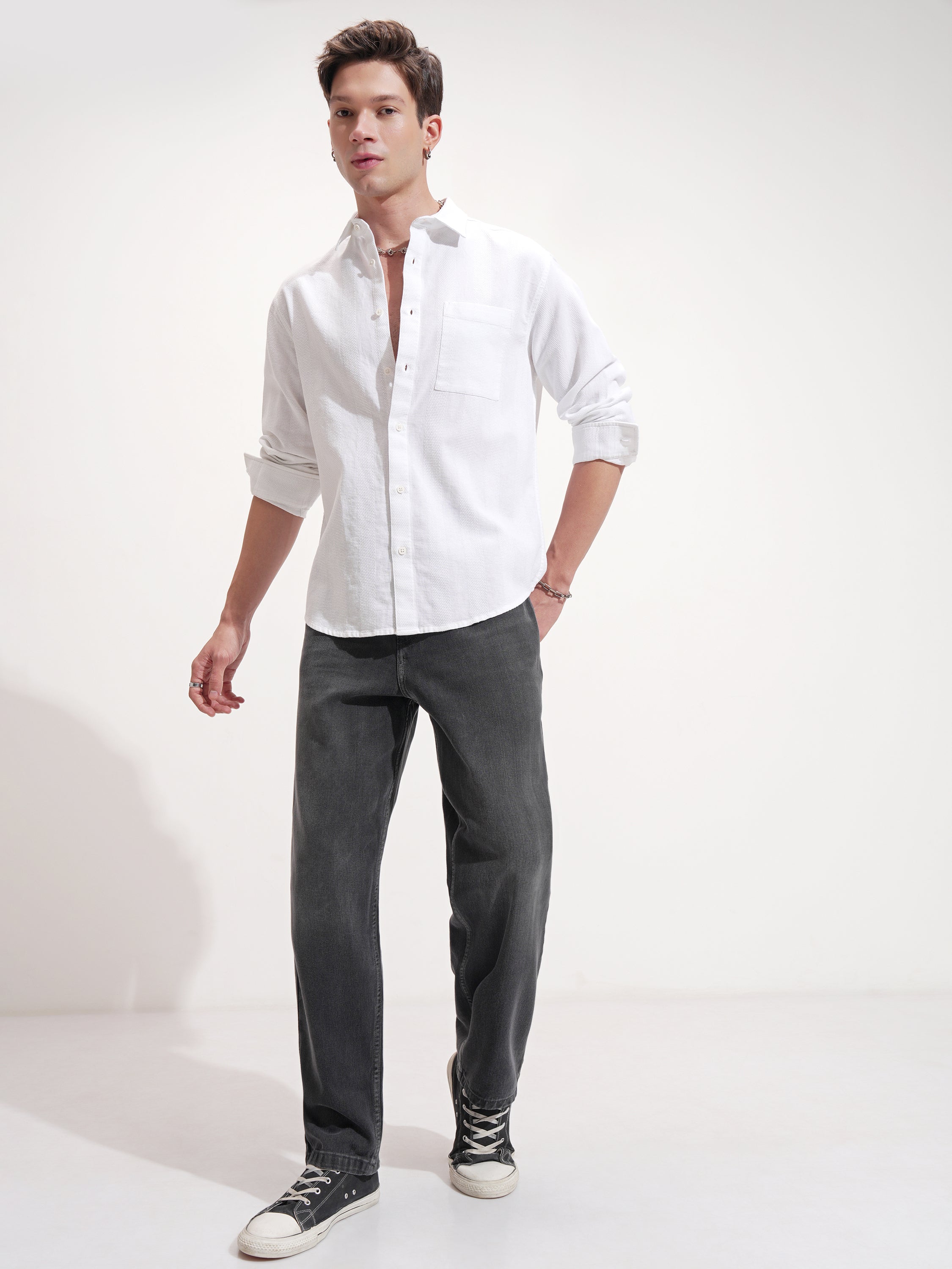 Highlander Men White Self Design Relaxed Fit Casual Shirt - White - Image 2