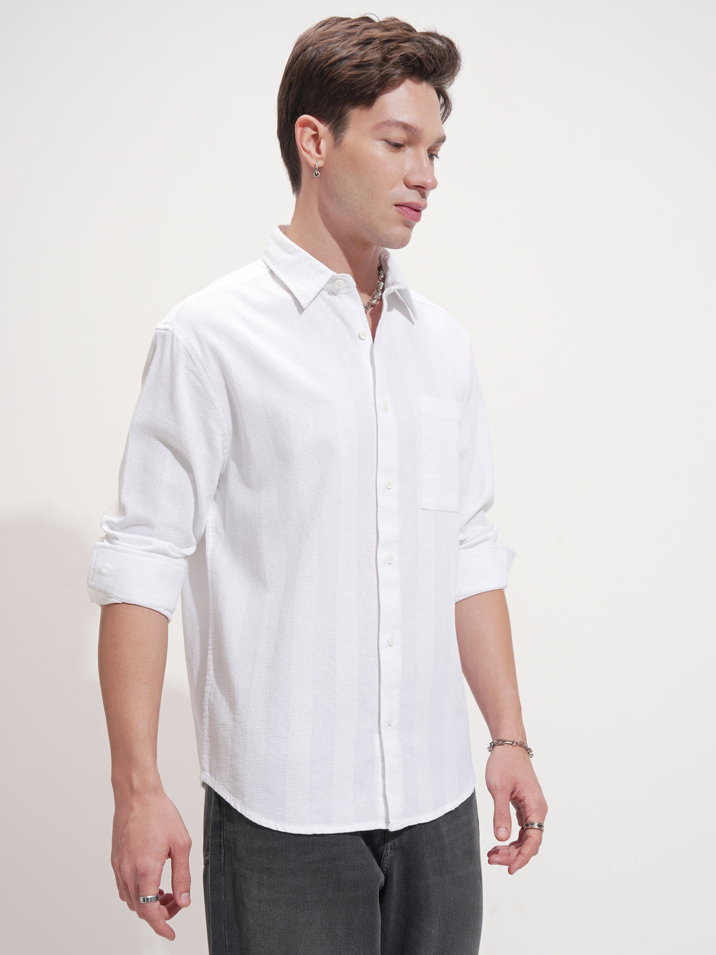 Highlander Men White Self Design Relaxed Fit Casual Shirt - White - Image 6