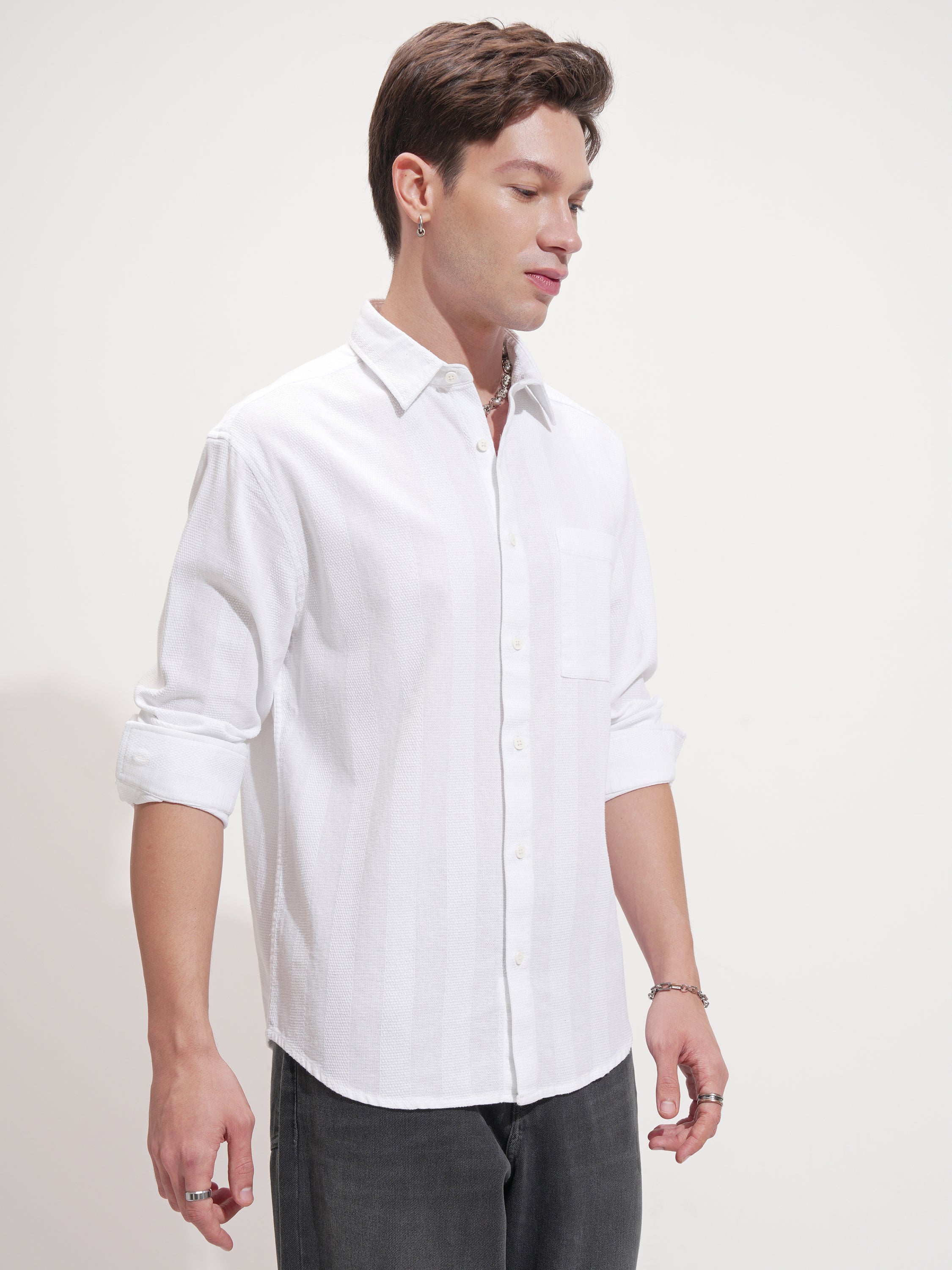 Highlander Men White Self Design Relaxed Fit Casual Shirt - White - Image 6