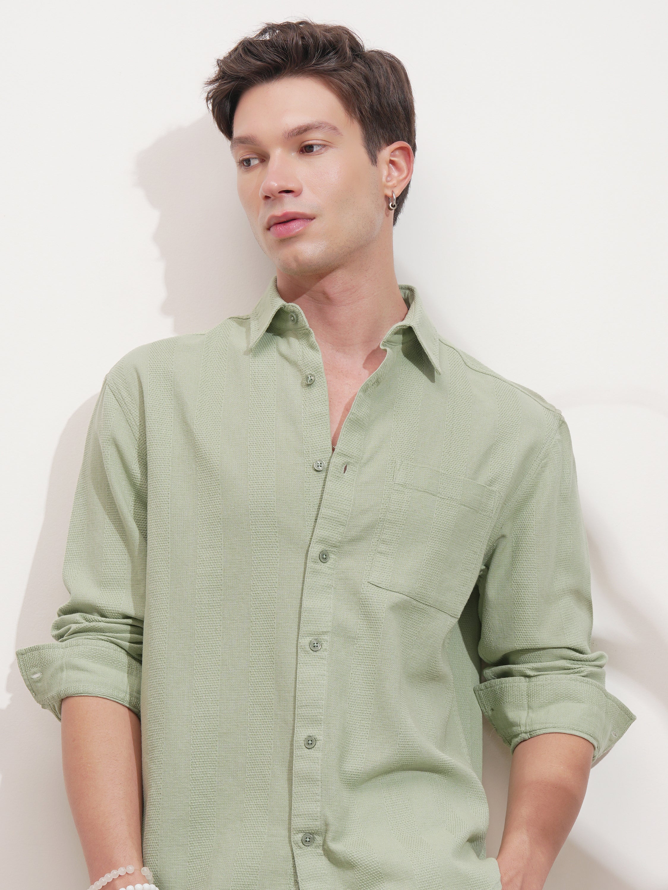 Highlander Men Green Self Design Relaxed Fit Casual Shirt - Green - Image 1
