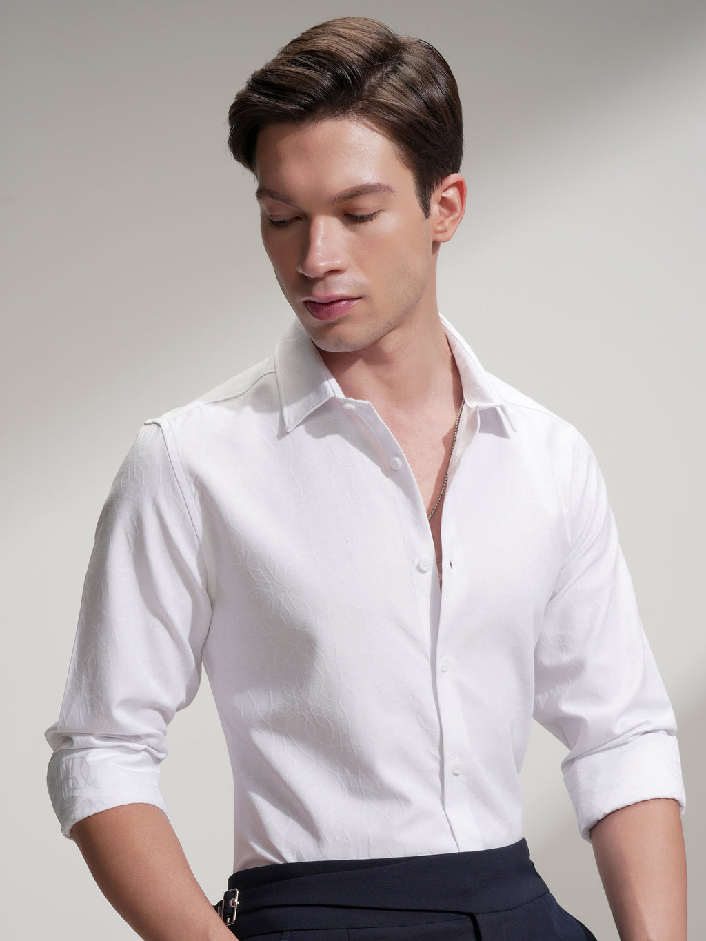 Highlander Men White Self Design Slim Fit Casual Shirt - White - Image 1
