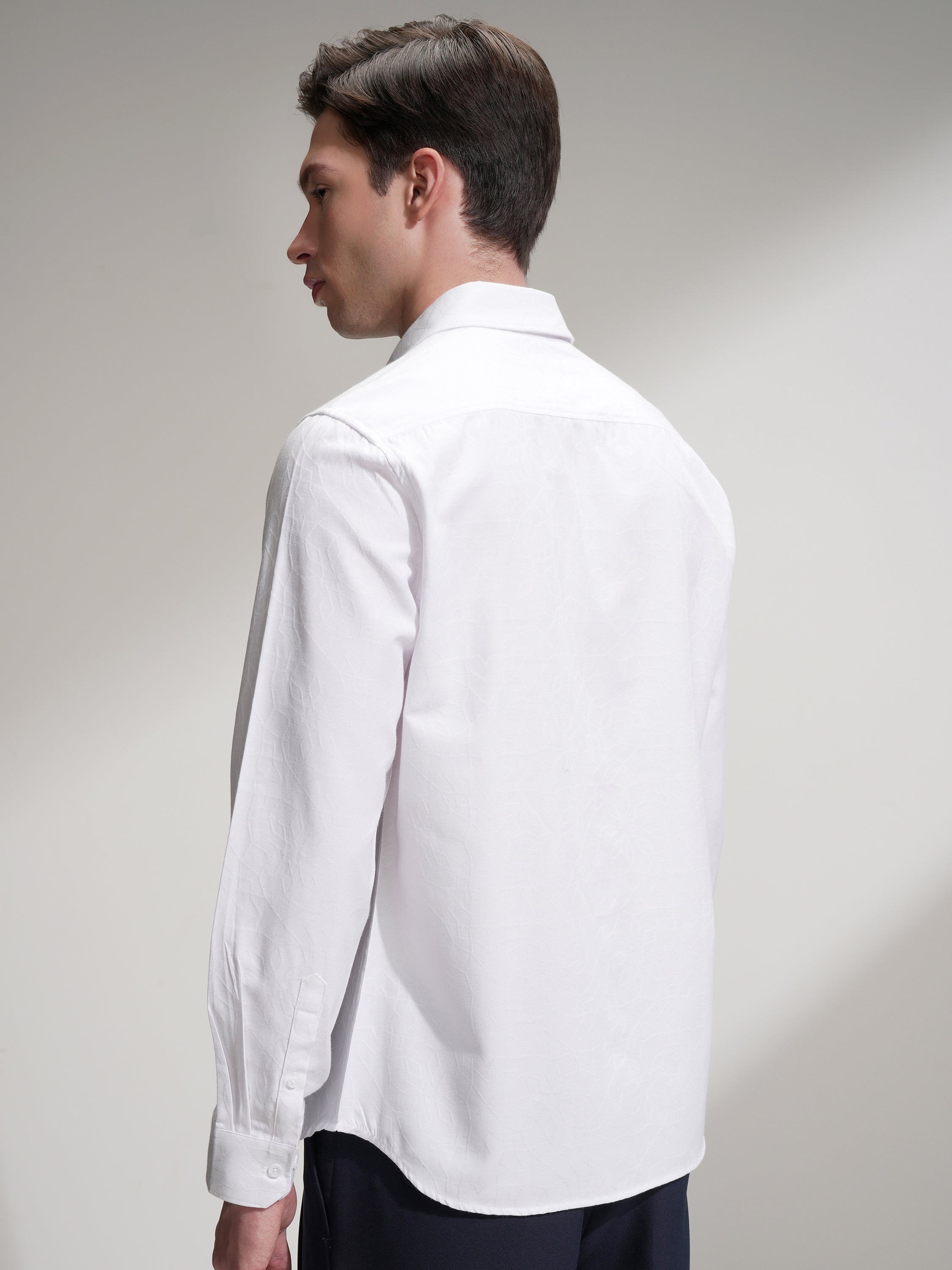 Highlander Men White Self Design Slim Fit Casual Shirt - White - Image 3