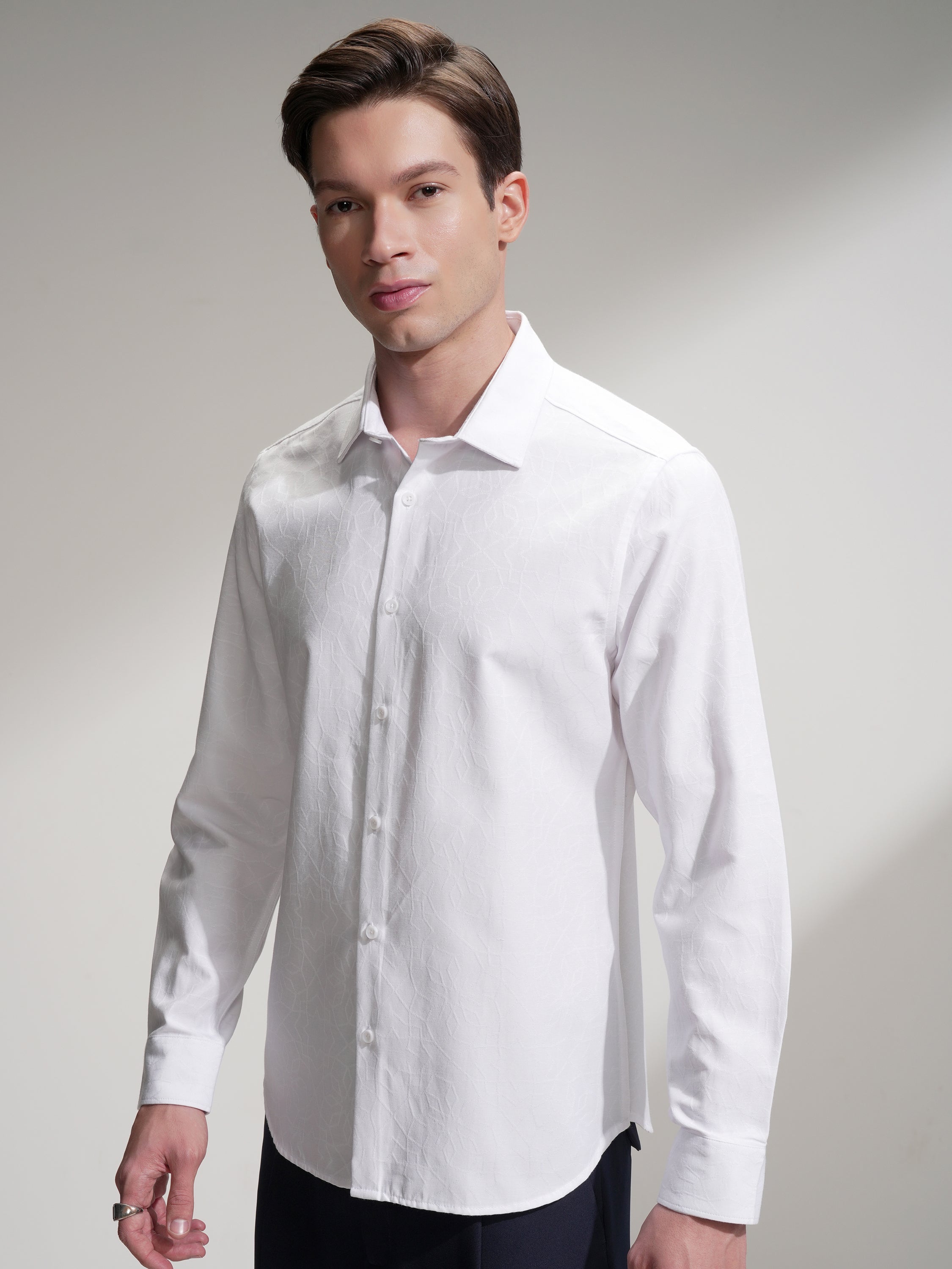 Highlander Men White Self Design Slim Fit Casual Shirt - White - Image 4