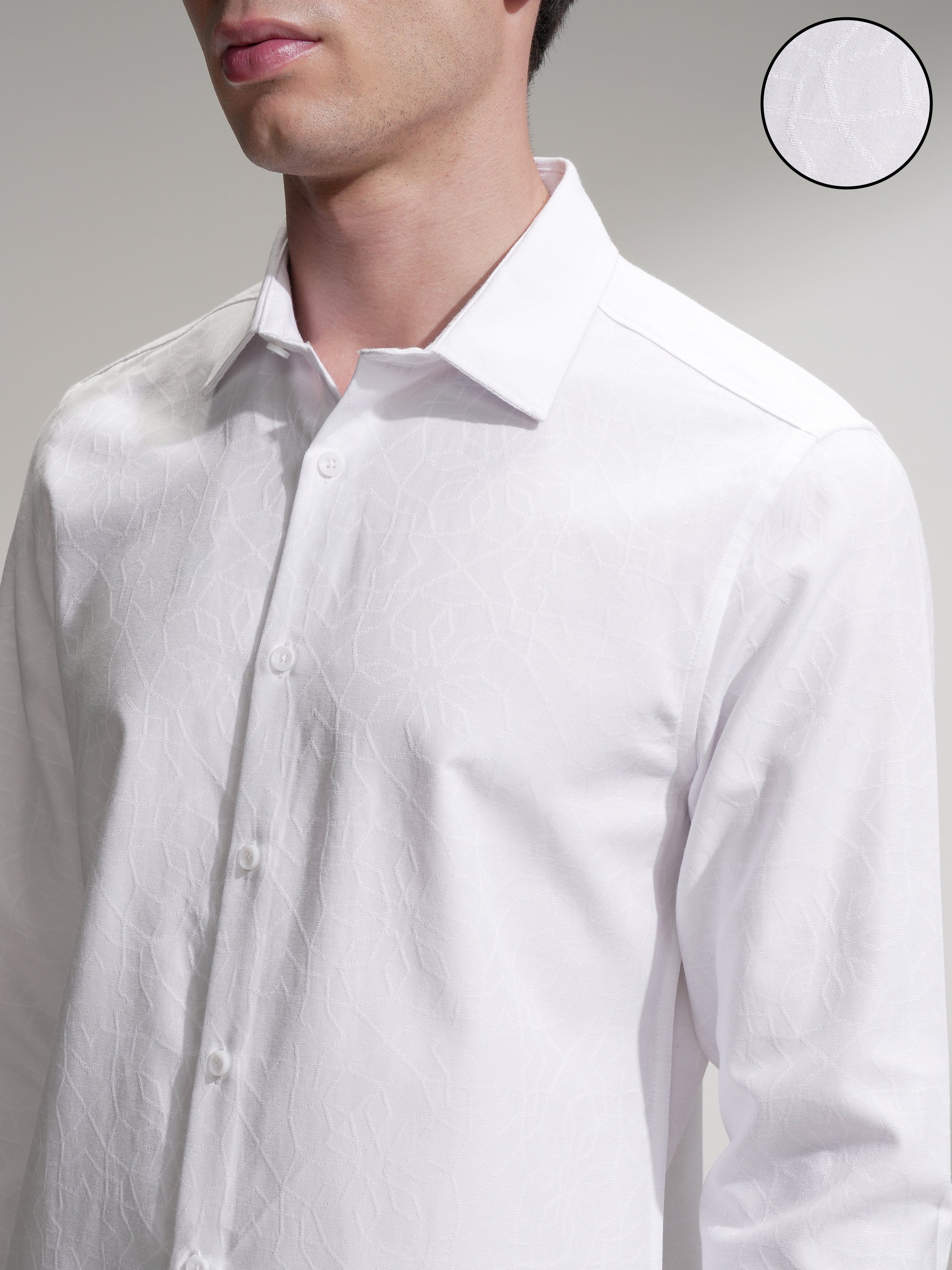 Highlander Men White Self Design Slim Fit Casual Shirt - White - Image 5