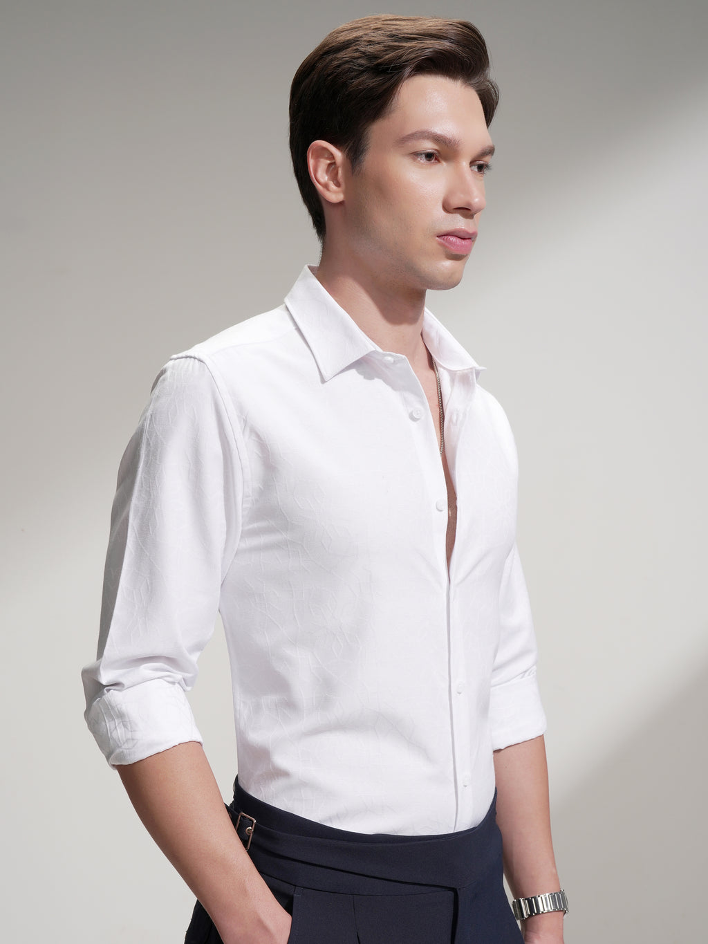 Highlander Men White Self Design Slim Fit Casual Shirt - White - Image 6