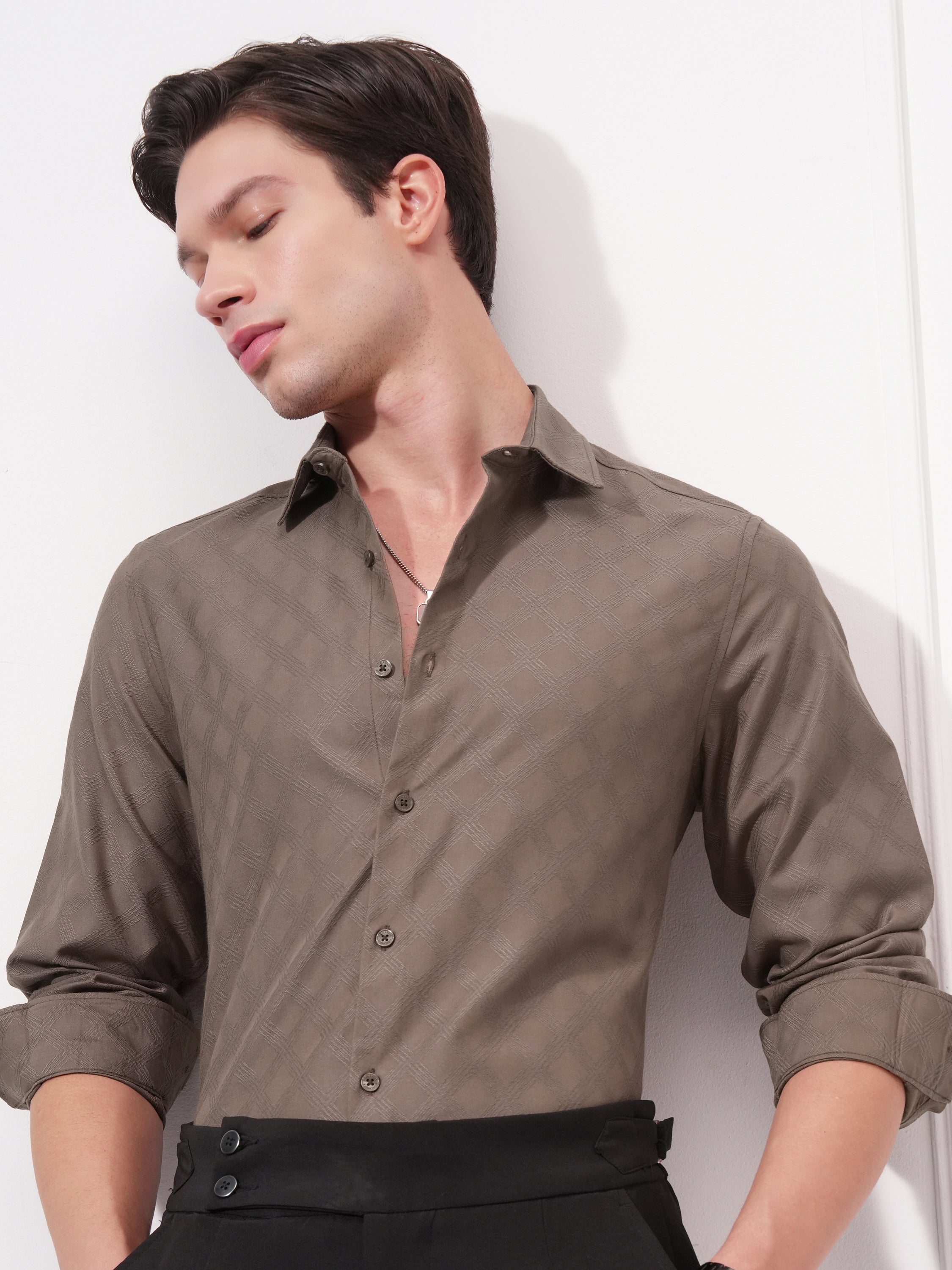 Highlander Men Brown Self Design Slim Fit Casual Shirt - Brown - Image 1